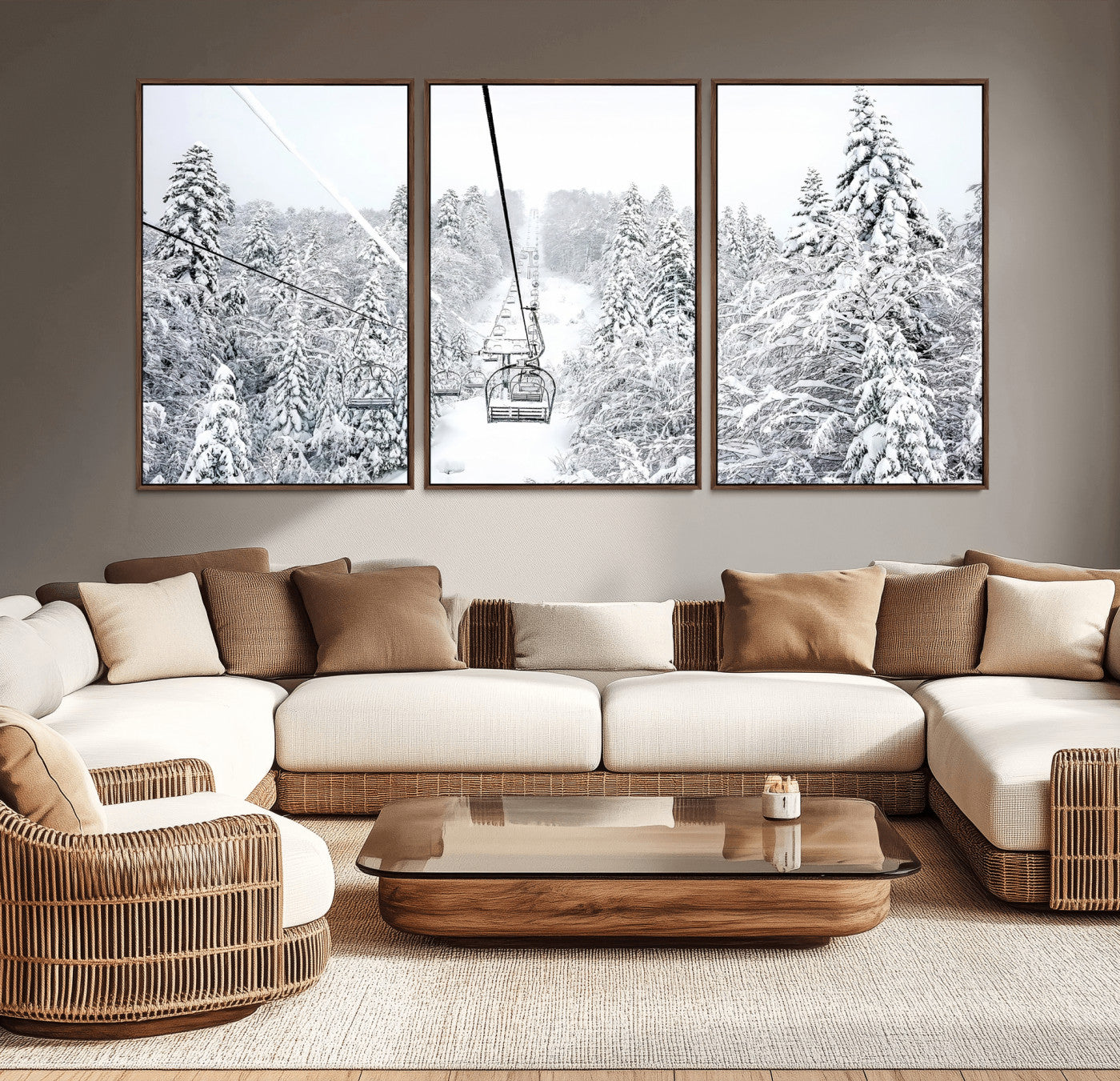 60296839-MGV-CV-36X24-Snowy Mountains Wall Art – Framed Ski Lift Canvas Artwork, Peaceful Winter Design, Rustic Forest Decor for Home, Office