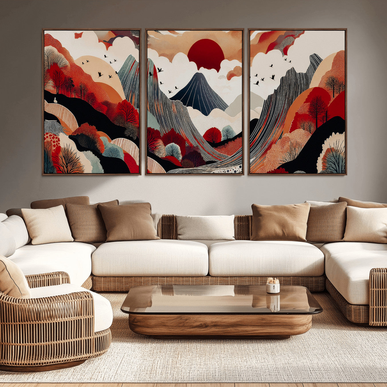-Abstract Mountain Wall Art Canvas Print, Framed Vibrant Landscape Art Picture Print, Stylized Nature Drawing Perfect Contemporary Minimalist Decor Artwork