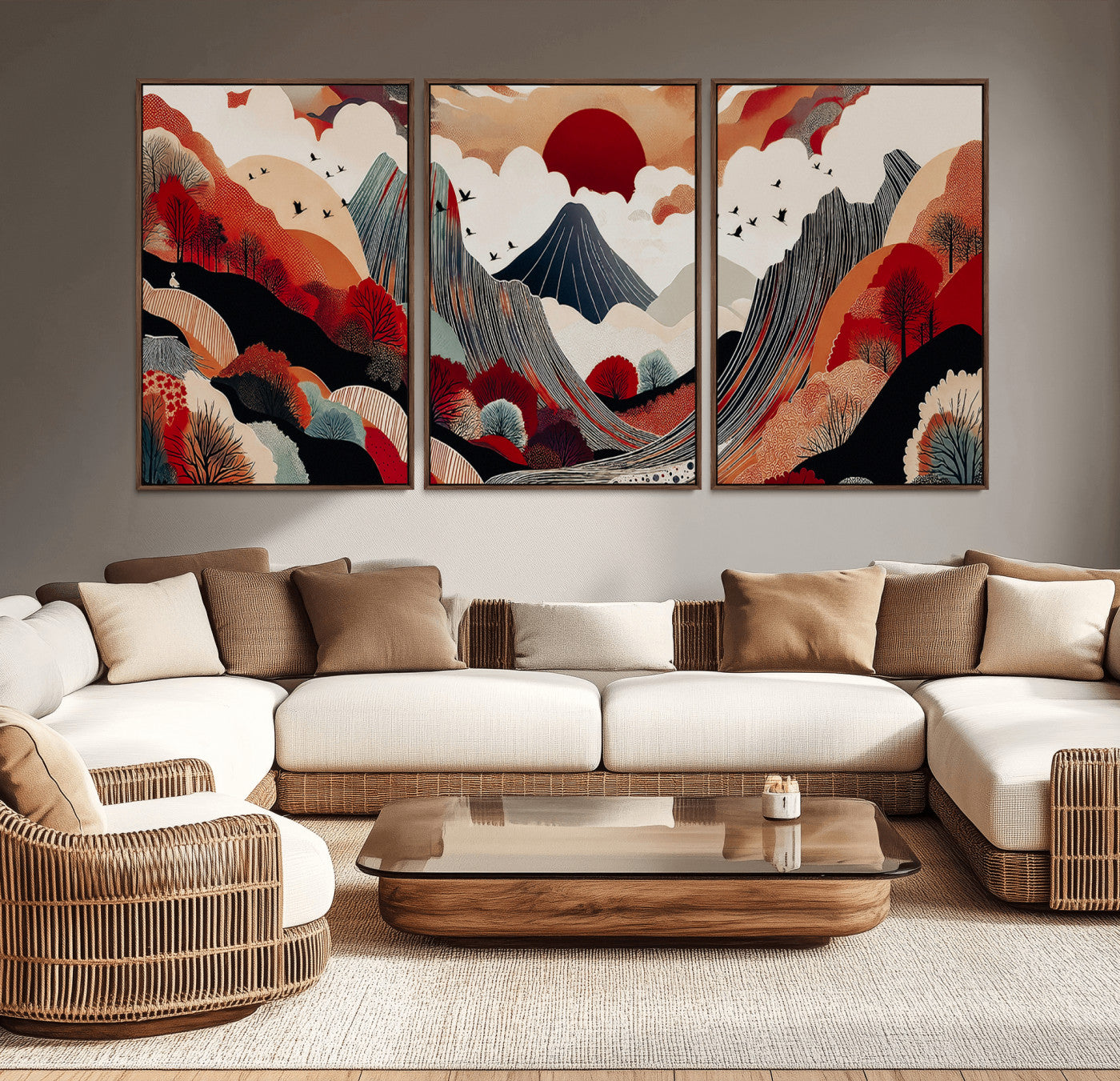 -Abstract Mountain Wall Art Canvas Print, Framed Vibrant Landscape Art Picture Print, Stylized Nature Drawing Perfect Contemporary Minimalist Decor Artwork