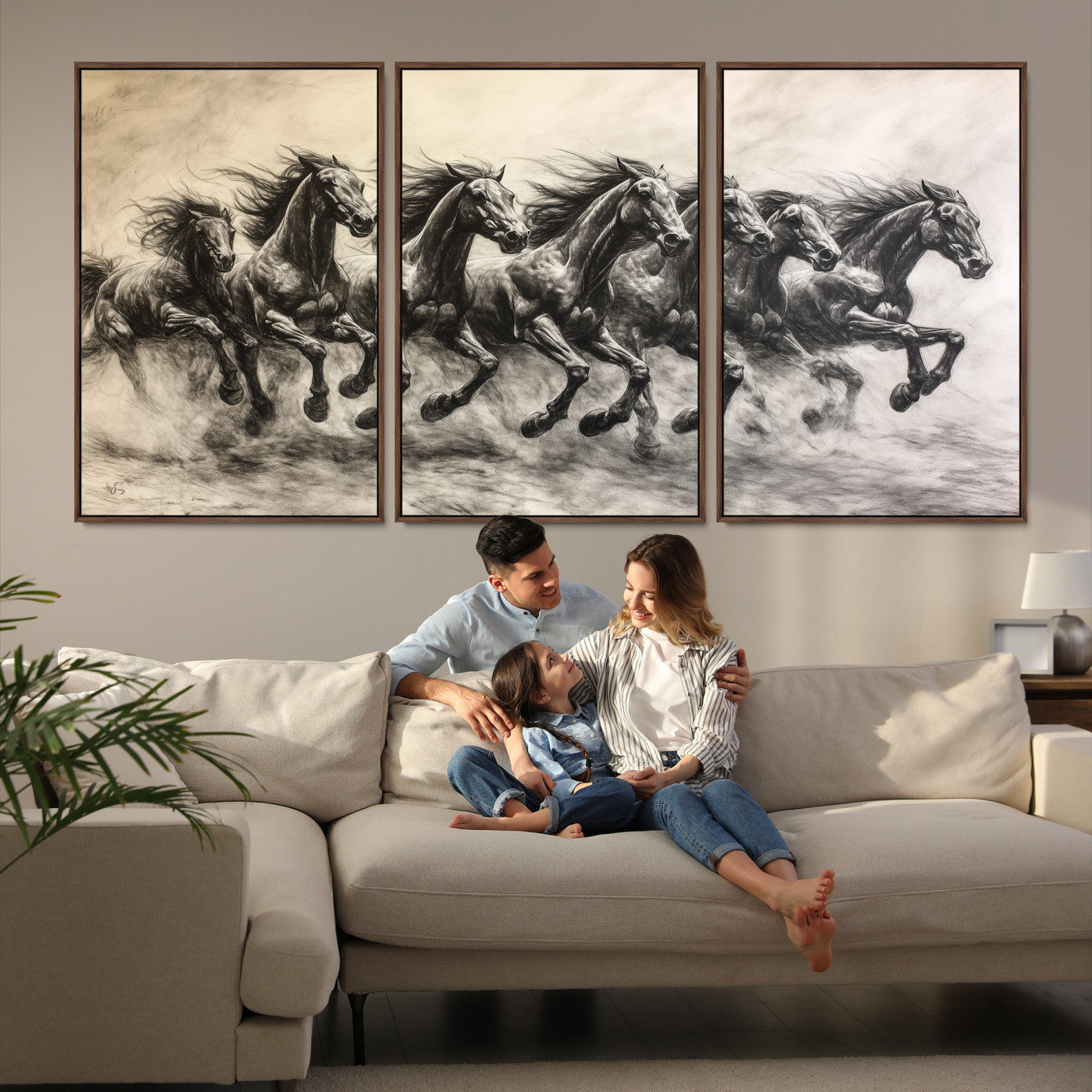 56089591-MGV-FC-60X30-3P-Galloping Horses Wall Art Canvas Print, Framed Wild Stallions Art Picture Print, Horse Herd Sketch
