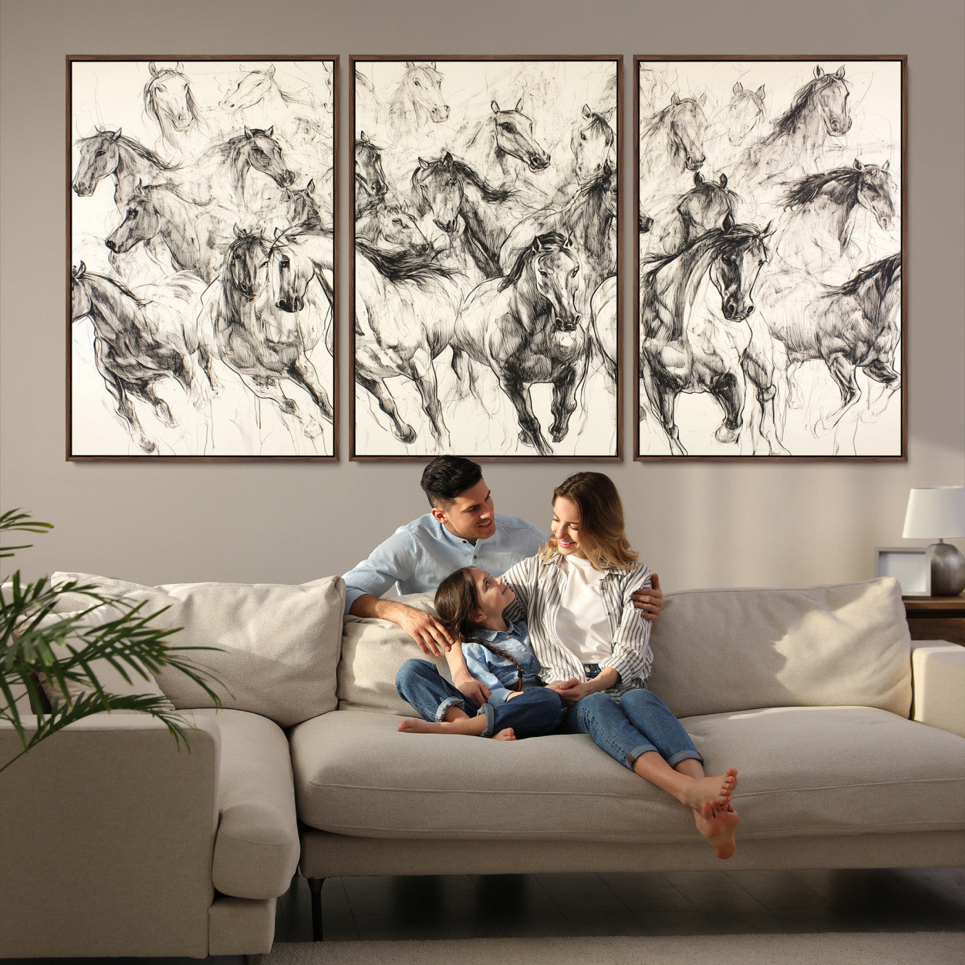 19433417-MGV-FC-60X30-3P-Running Horses Wall Art Canvas Print – Framed Galloping Herd Dynamic Equestrian Sketch Nature Artwork for Home Office