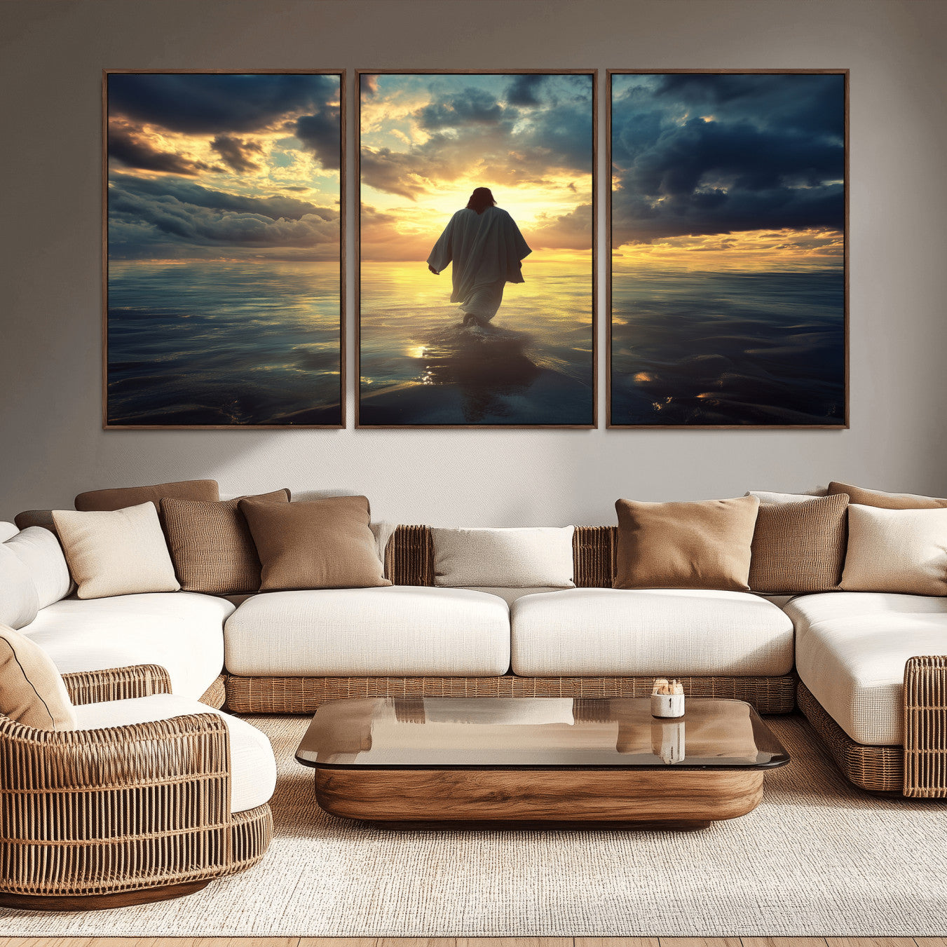 -Jesus Walks Wall Art Canvas Print Framed Divine Sunset Art Spiritual Light Print for Home, Office, Living Room