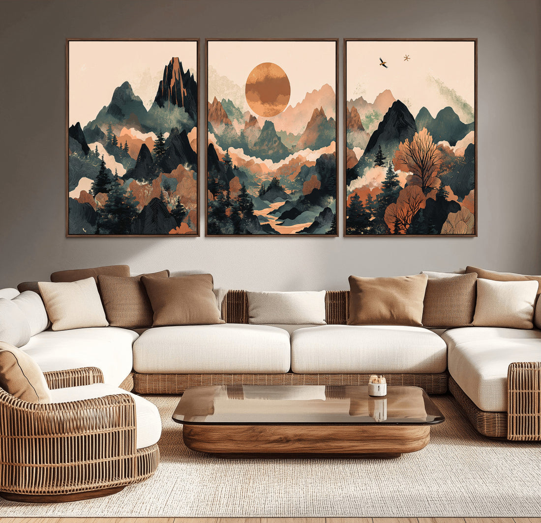 Wood Mountain Landscape Wall Art Canvas Print, Framed Sunset Hills, Abstract Serene Valley Boho Art
