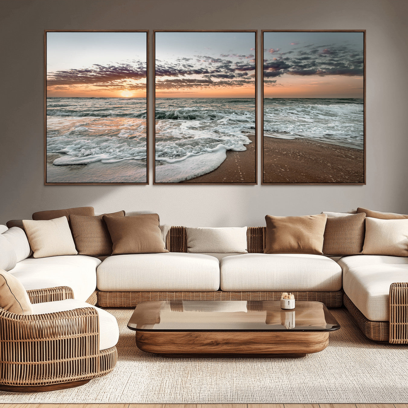 40632752-MGV-CV-36X24-Ocean Sunset Wall Art Canvas Print – Framed Beach Waves Scene with Coastal Artwork for Home, Office, Living Room
