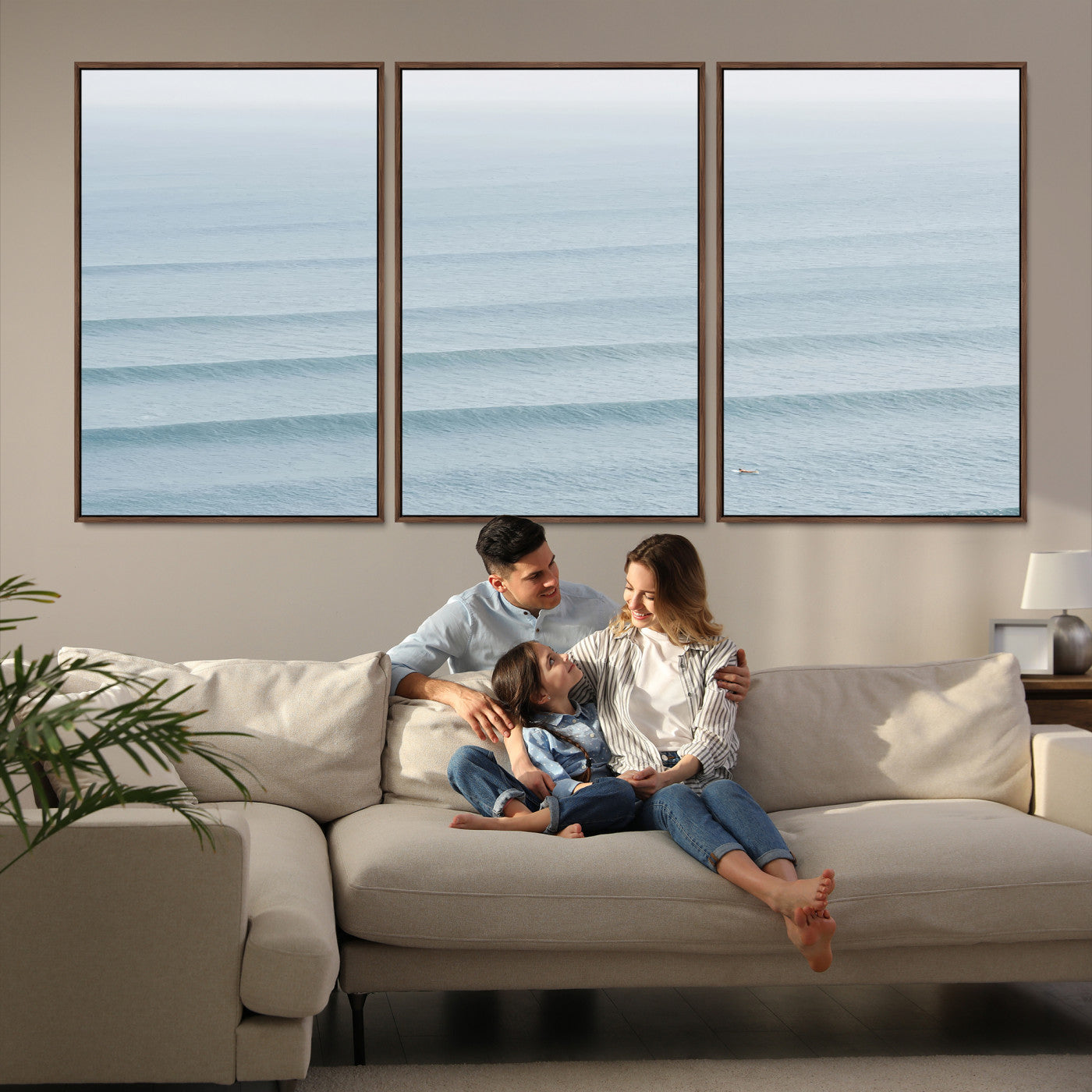 47814787-MGV-FC-60X30-3P-Ocean Waves Wall Art Canvas Print, Framed Solo Surfer Art Picture Print, Wave Lines Perfect