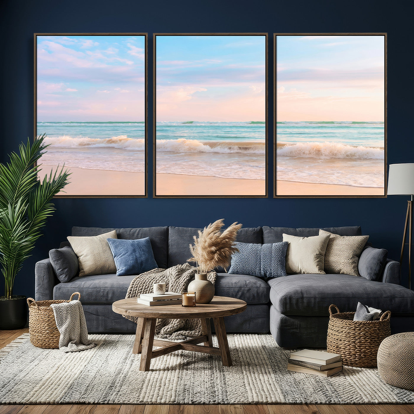 74679437-MGV-CV-36X24 - Serene Waves Wall Art – Golden Shore & Soft Pastel Sky Canvas Print, Gentle Ocean and Peaceful Sunset for Living Room or Office