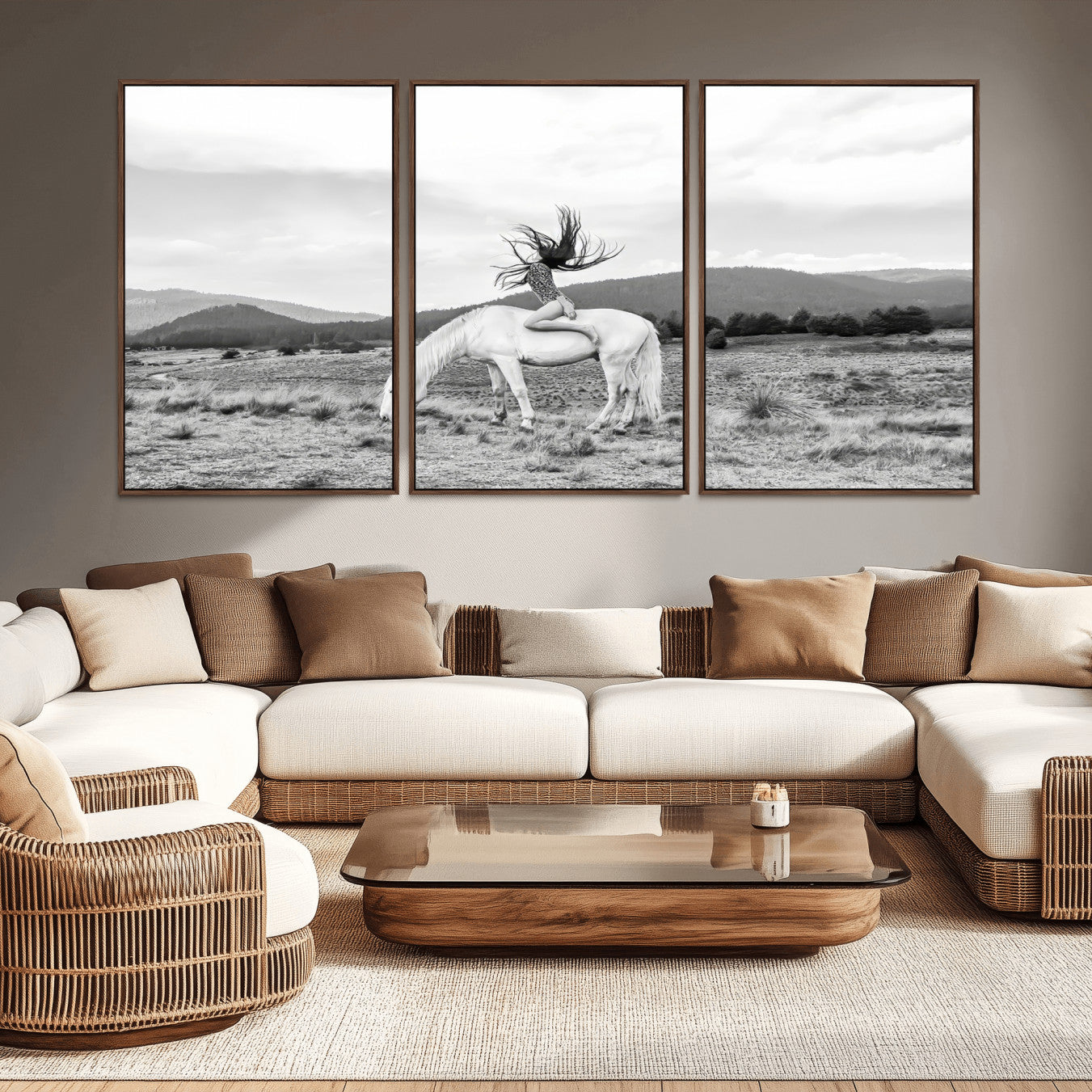 62789800-MGV-CV-36X24-White Horse Wall Art Canvas Print – Framed Woman Rider Equestrian Pose Western Boho Elegant Artwork for Home Office