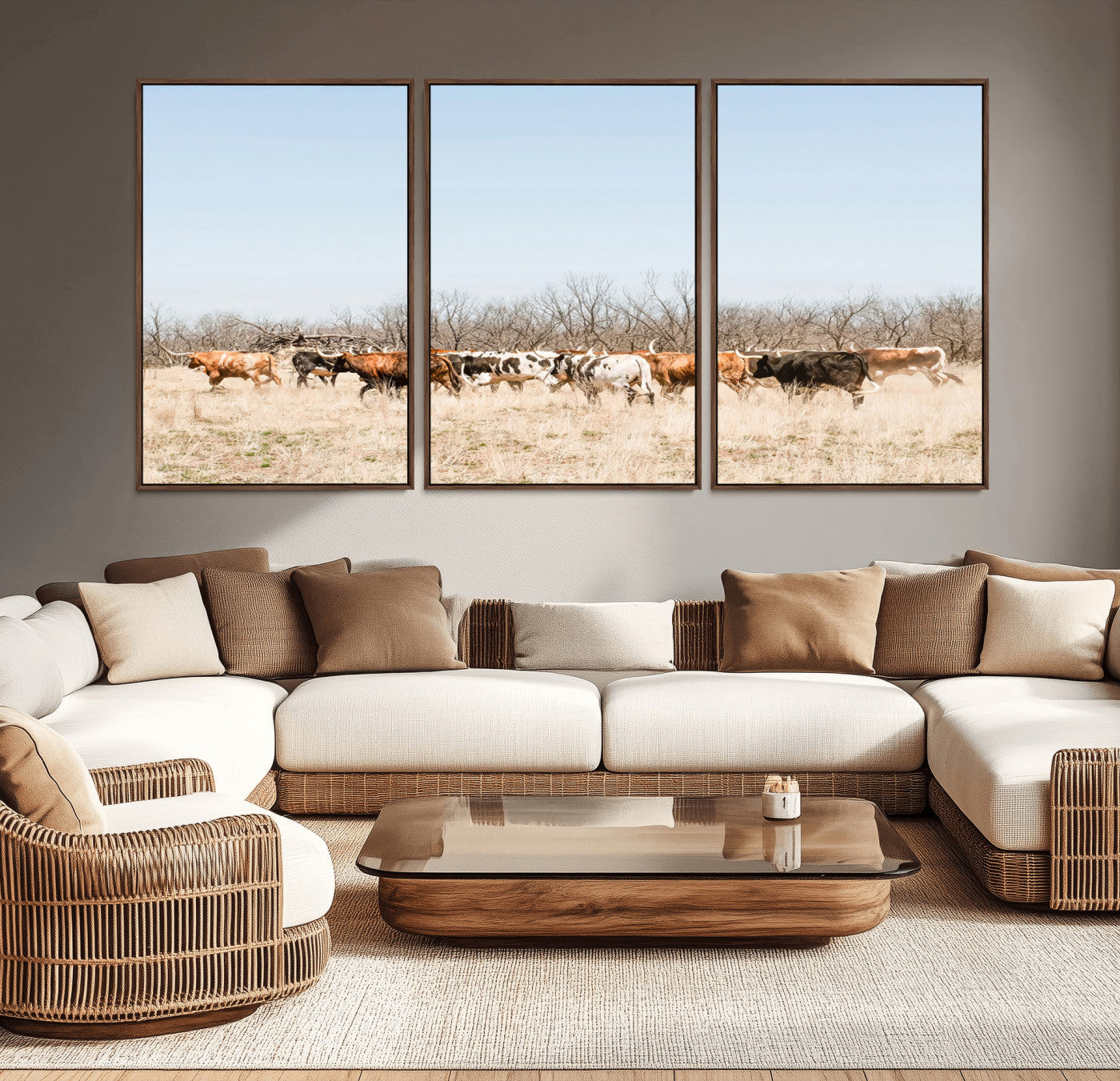 16563092-MGV-CV-36X24-Texas Longhorns Wall Art Canvas Print – Framed Western Cattle Rustic Herd Farmhouse Country Animal Artwork for Home Office