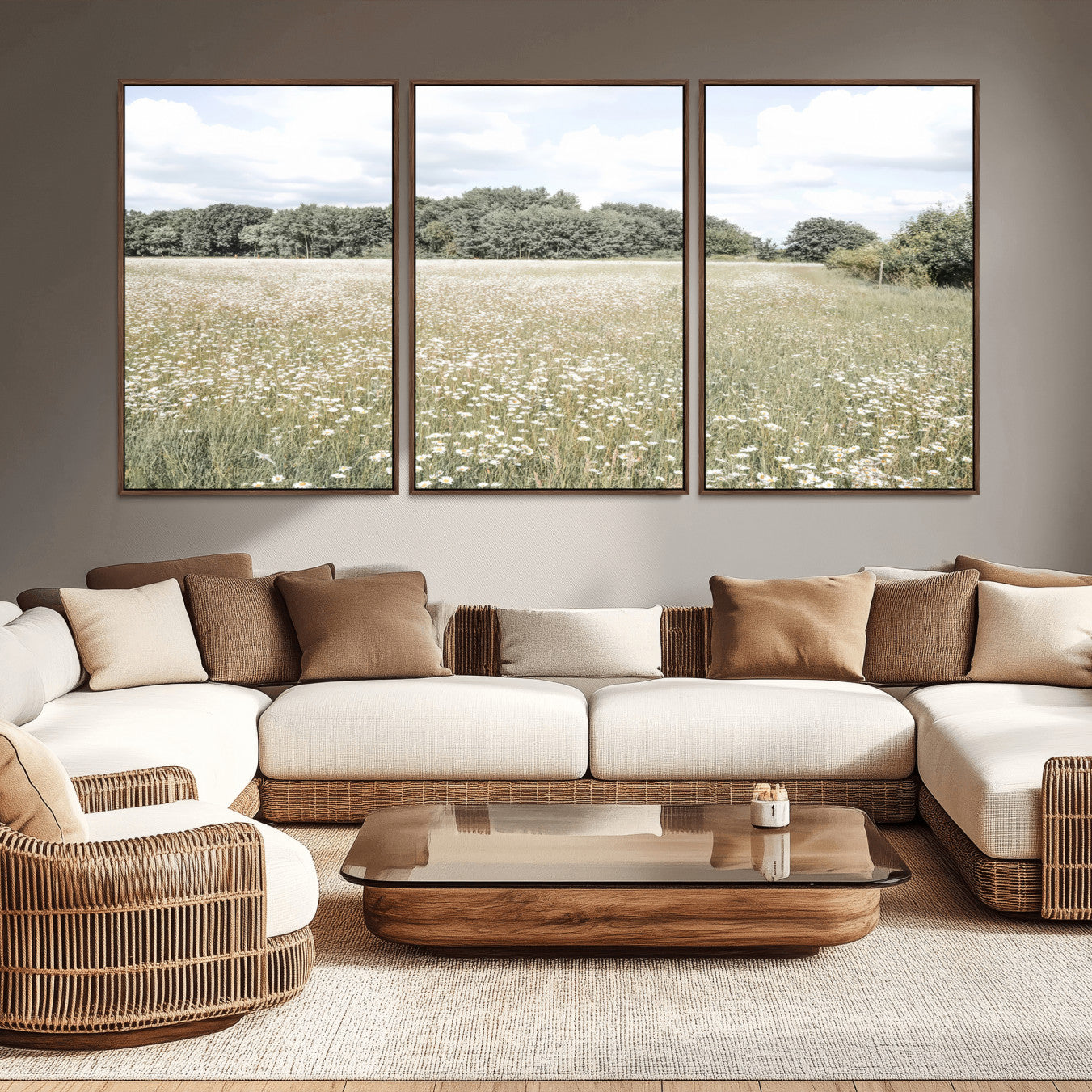 43258946-MGV-CV-36X24-Charming Daisy Field Wall Art Canvas Print – Framed Pastel Flower Meadow Bloom Scandinavian Minimal Artwork for Home Office