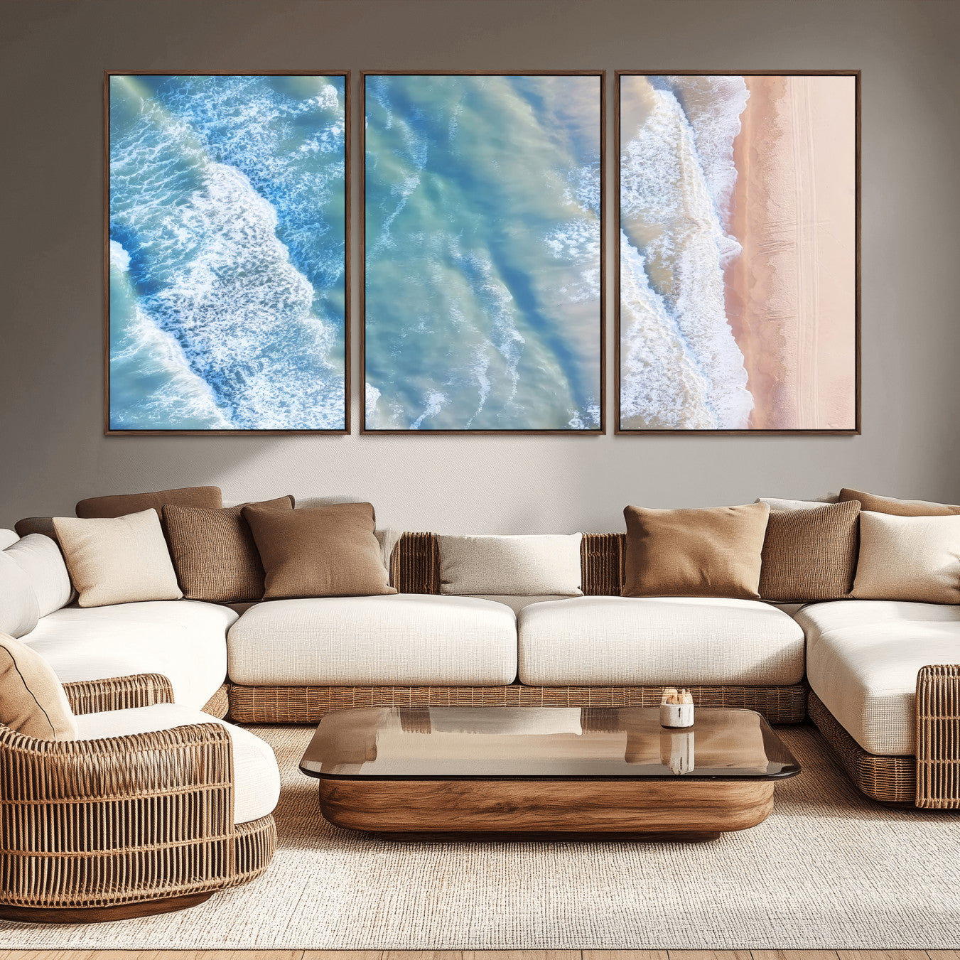 -Aerial Ocean View Wall Art Canvas Print, Framed Soft Blue Waves Art Picture Print, Sandy Shoreline Perfect Modern Coastal Decor Artwork