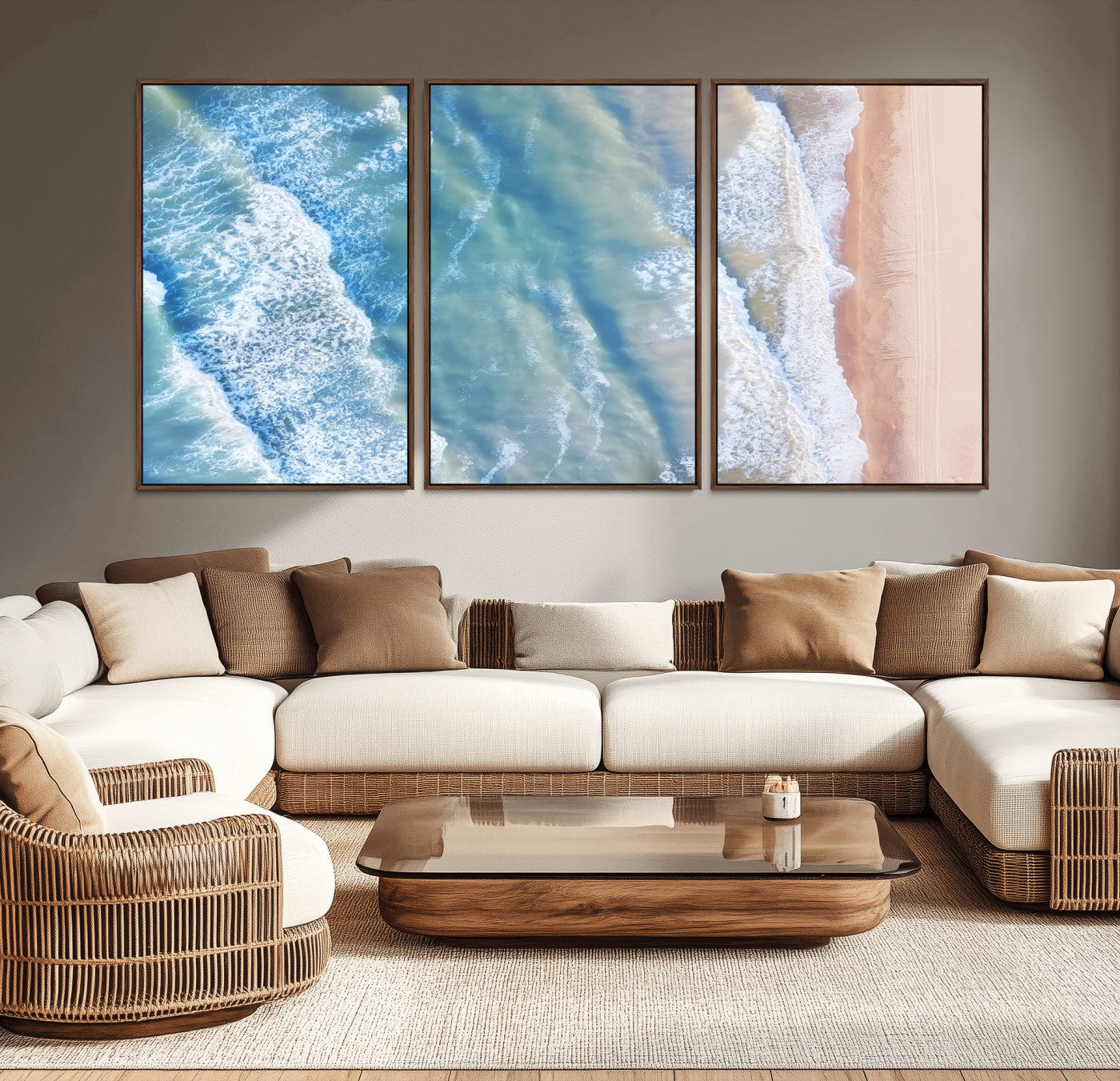-Aerial Ocean View Wall Art Canvas Print, Framed Soft Blue Waves Art Picture Print, Sandy Shoreline Perfect Modern Coastal Decor Artwork