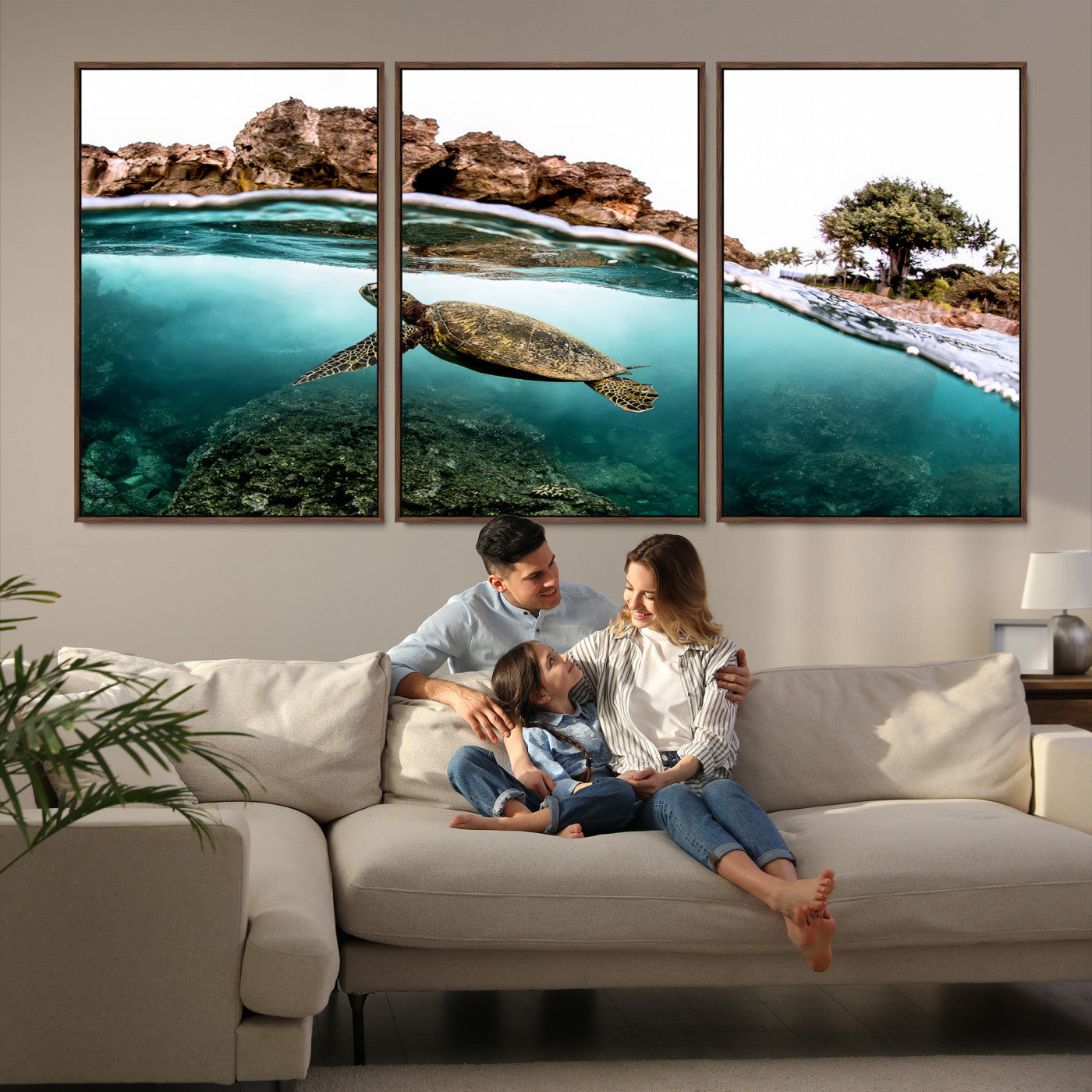 44200301-MGV-FC-60X30-3P-Sea Turtle Wall Art Canvas Print, Framed Ocean Life Art Picture Print, Tropical Perfect Coastal
