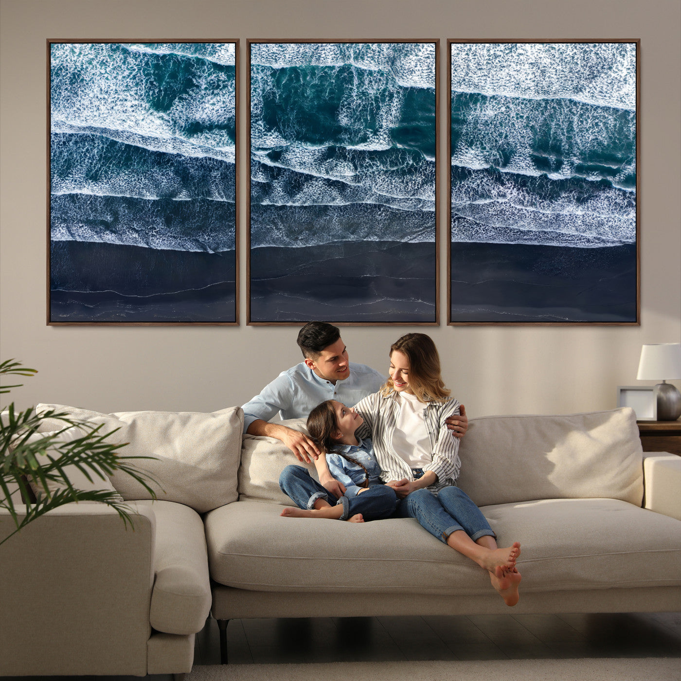 87941475-MGV-FC-60X30-3P-Black Beach Wall Art Canvas Print – Framed Aerial Ocean View Moody Coastal Seascape Nature Artwork for Home Office