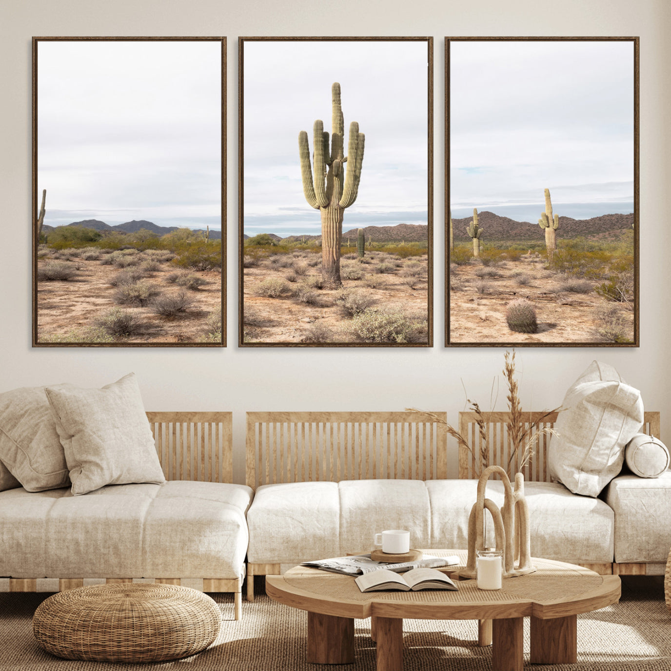 MGV-FC-60X30-3P - Saguaro Cactus Wall Art Canvas Print, Framed Desert Cactus Art Picture Print, Earthy Desert Perfect Southwestern Boho Decor Artwork