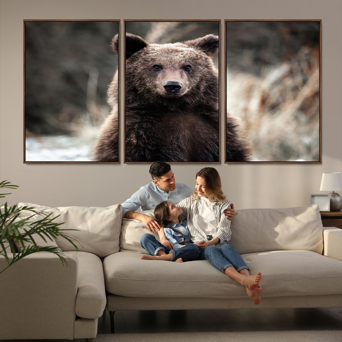 47112103-MGV-FC-60X30-3P-Brown Bear Wall Art Canvas Print, Framed Wildlife Art Picture Print, Woodland Perfect Cabin Decor