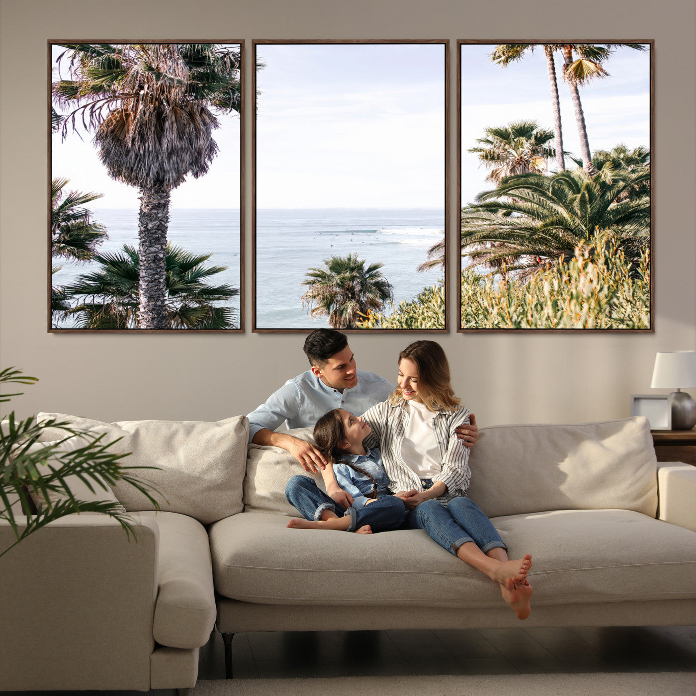 51404565-MGV-FC-60X30-3P-Coastal Palm Trees Wall Art Canvas Print – Framed Ocean Breeze Tropical Scene Artwork for Relaxing Home, Office Decor