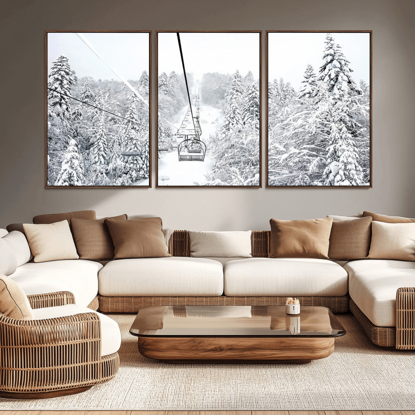 44705668-MGV-CV-36X24-Snowy Ski Lift Wall Art – Framed Winter Mountain Canvas Artwork, Serene Forest Design, Modern Nature Decor for Home, Office