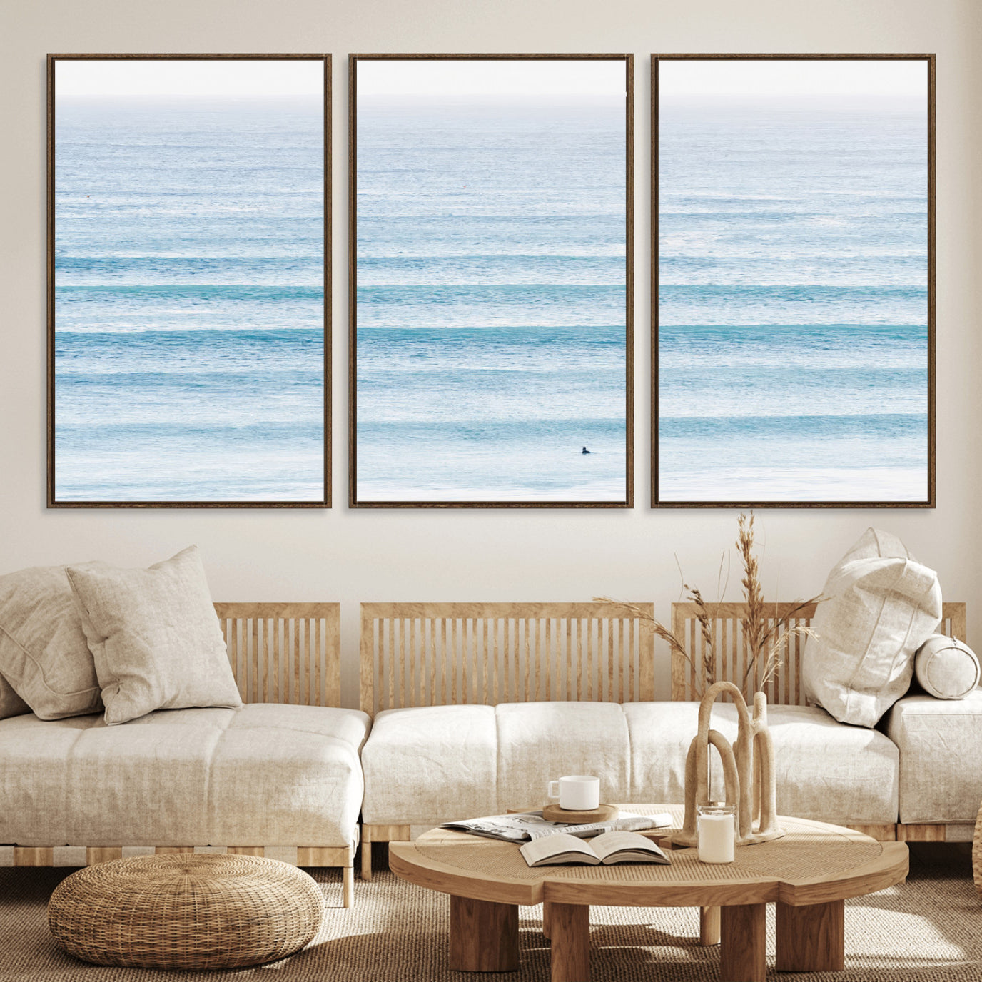 77145995-MGV-CV-36X24-Ocean Wave Surfer Wall Art – Framed Minimal Seascape Canvas Artwork, Calm Blue Water Design, Coastal Decor for Home, Office