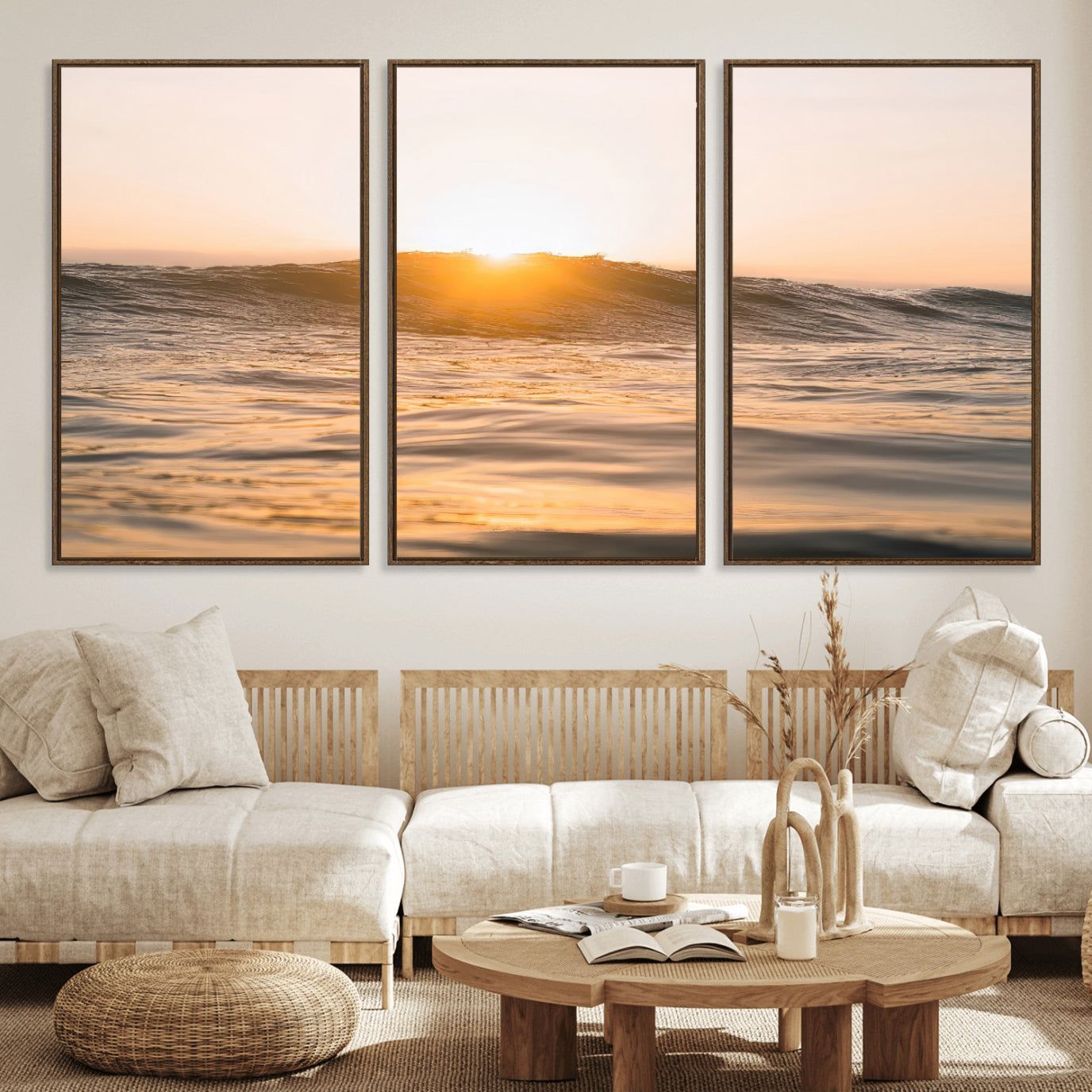 16973771-MGV-CV-36X24-Calm Water Wall Art – Framed Sunset Waves Canvas Artwork, Coastal Warm Design, Minimal Ocean Decor for Home, Office