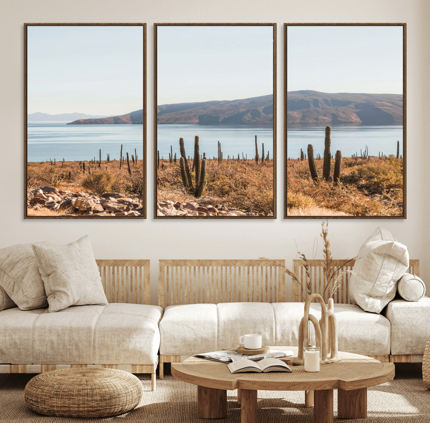 45193515-MGV-CV-36X24-Desert Lake Wall Art – Framed Cactus Mountain Canvas Artwork, Earthy Southwest Design, Rustic Nature Decor for Home, Office