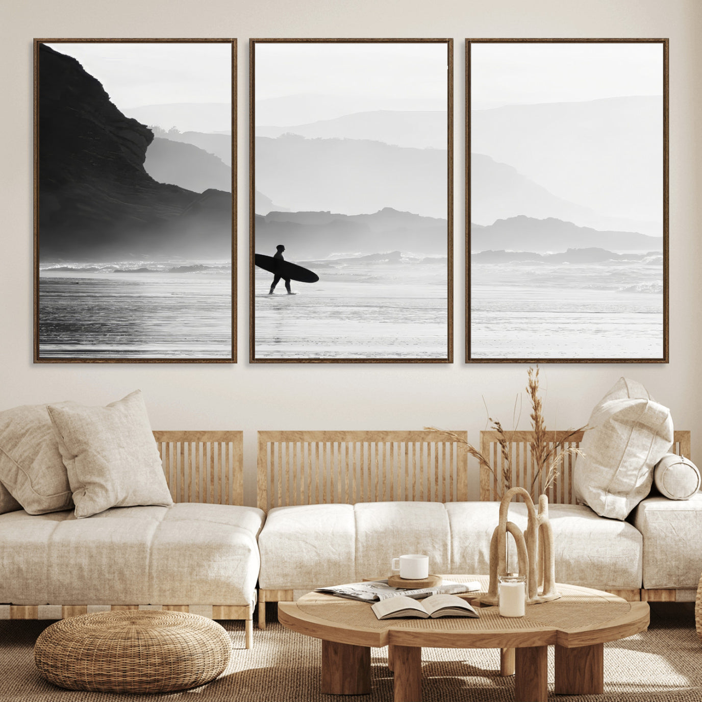 69956934-MGV-CV-36X24-Surfer Beach Wall Art – Framed Black White Ocean Canvas Artwork, Misty Coastal Design, Minimal Surf Decor for Home, Office