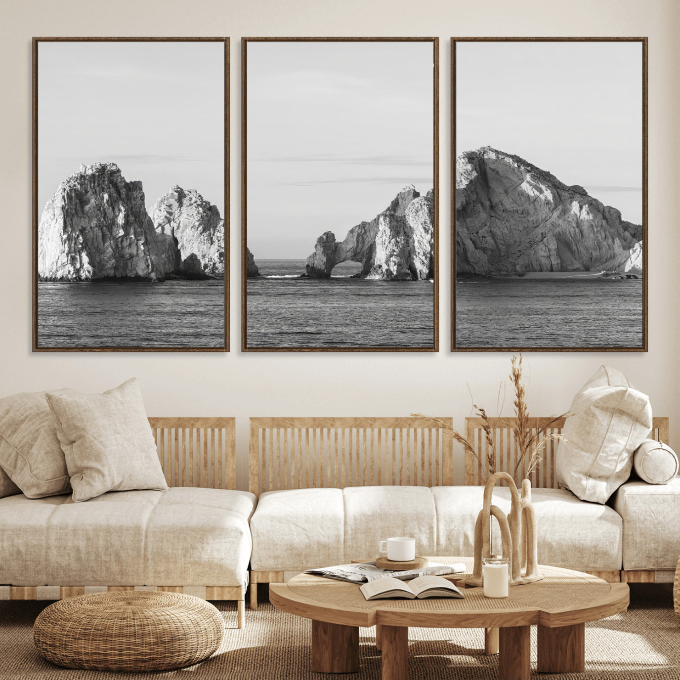 MGV-FC-60X30-3P - Rugged Coastline Wall Art Canvas Print, Framed Ocean Cliffs Art Picture Print, Monochrome Seascape Perfect Coastal Minimalist Decor Artwork
