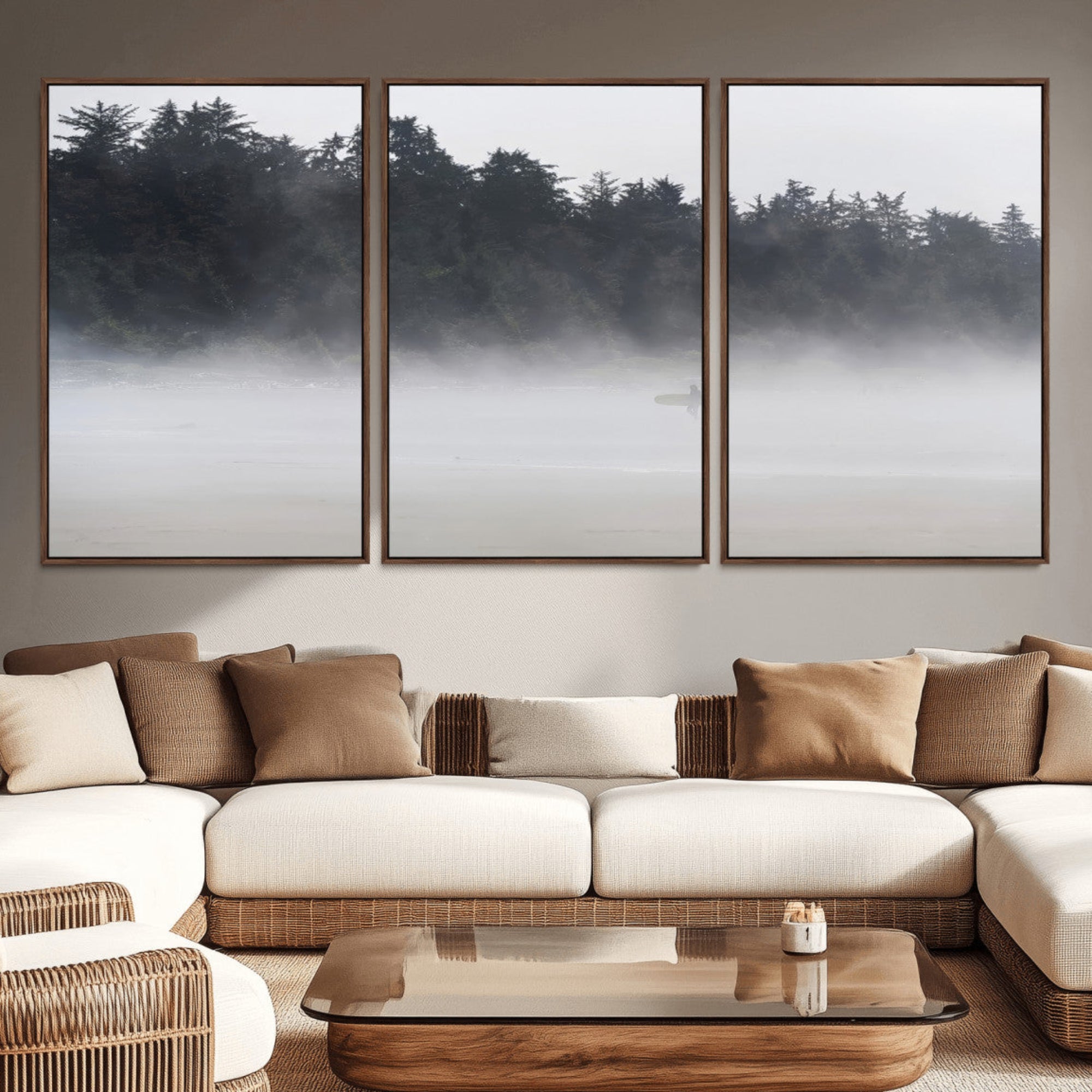 59703275-MGV-CV-36X24-Surfer Fog Wall Art Canvas Print – Framed Foggy Beach Scene with Coastal Surf Artwork for Home, Office, Living Room