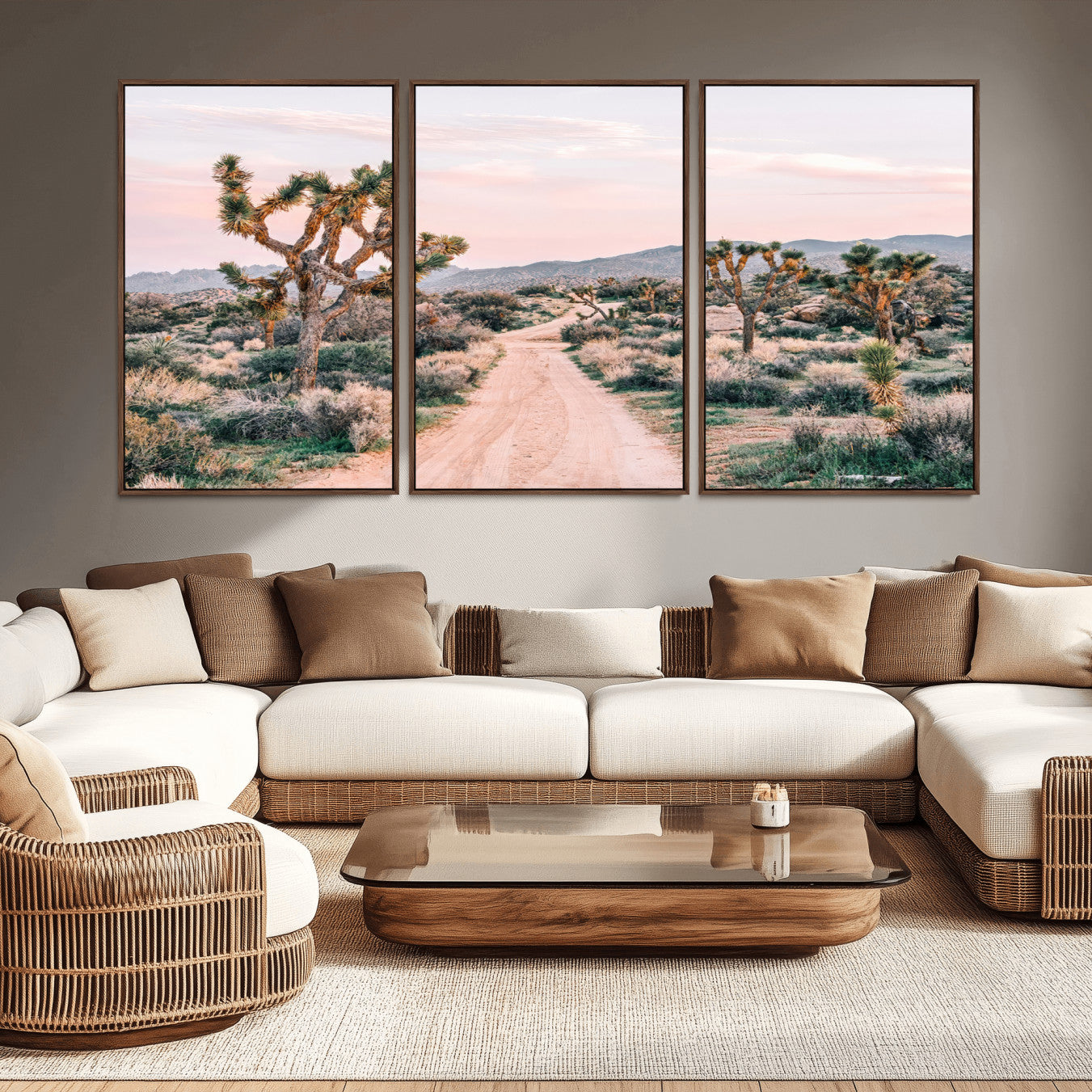 MGV-FC-60X30-3P - Desert Trail Wall Art – Canvas Print of Joshua Trees & Sunset Glow, Sandy Path Wilderness, Scenic Nature Escape Decor for Living Room, Office or Bedroom