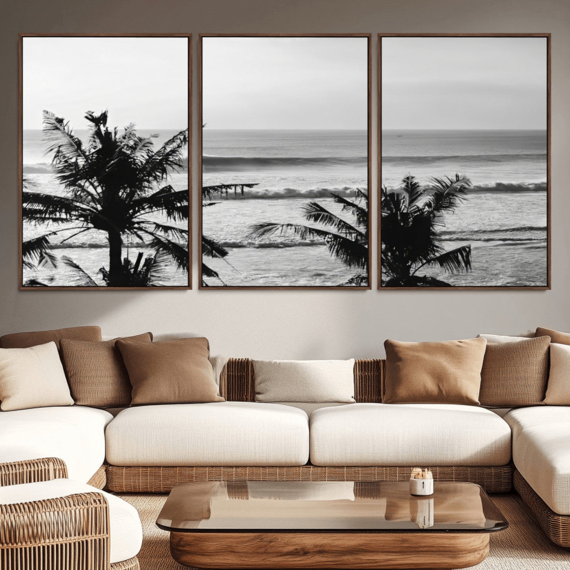 17508038-MGV-CV-36X24-Tropical Coastline Wall Art Canvas Print – Framed Palm Trees Scene with Ocean Waves Artwork for Home, Office