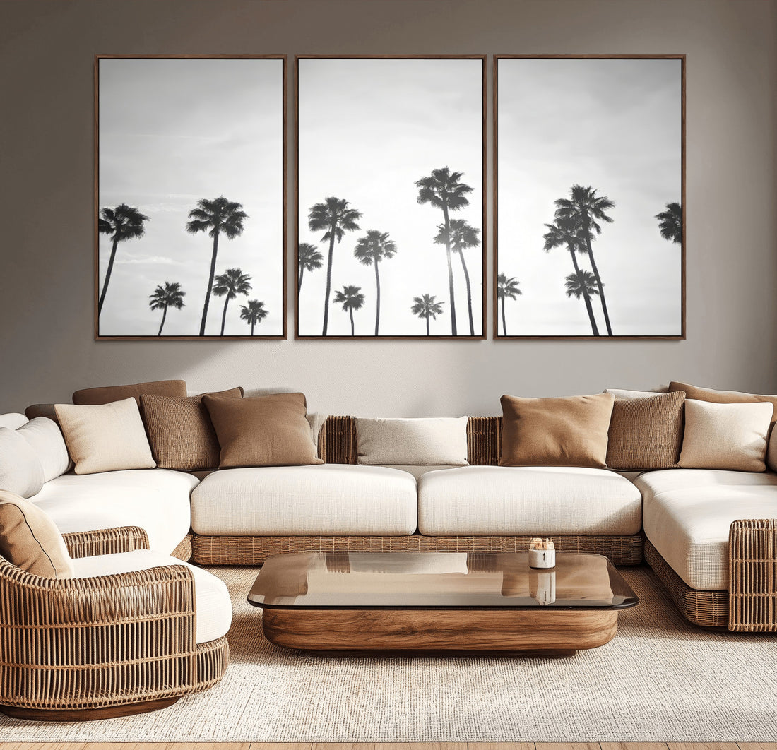 Minimalist Palms Wall Art Canvas Print, Framed Monochrome Silhouetted Palm Trees