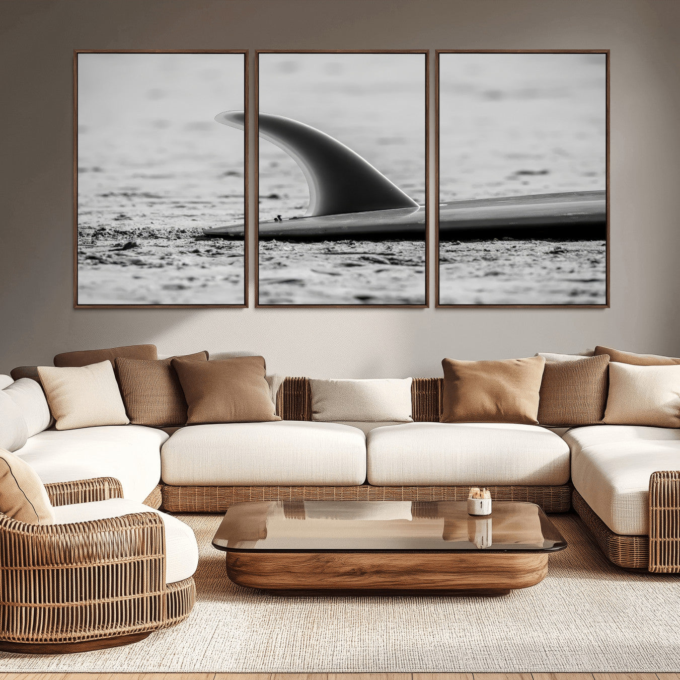 MGV-FC-60X30-3P - Black White Surfboard Wall Art Canvas Print, Framed Minimalist Beach Art Picture Print, Surf Fin Perfect Minimalist Coastal Decor Artwork
