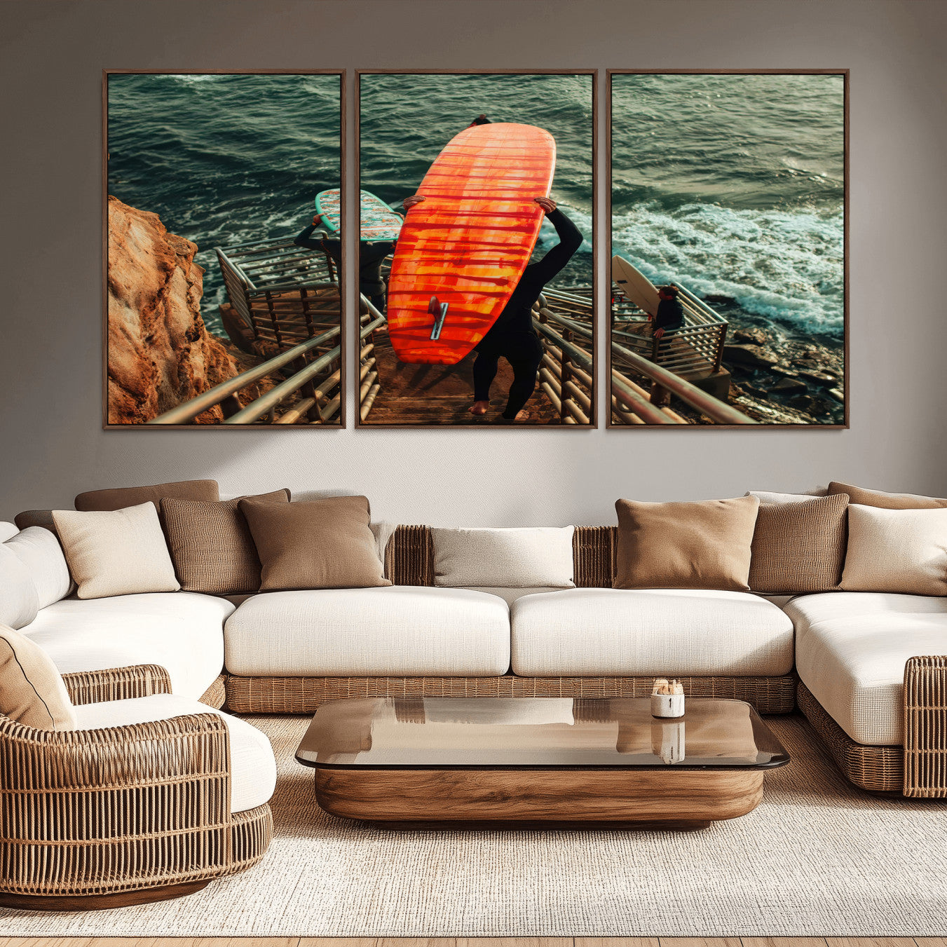 MGV-FC-60X30-3P - Surfer Stairway Wall Art Canvas Print, Framed Ocean Surf Art Picture Print, Sunset Coastal Perfect Coastal Adventure Decor Artwork