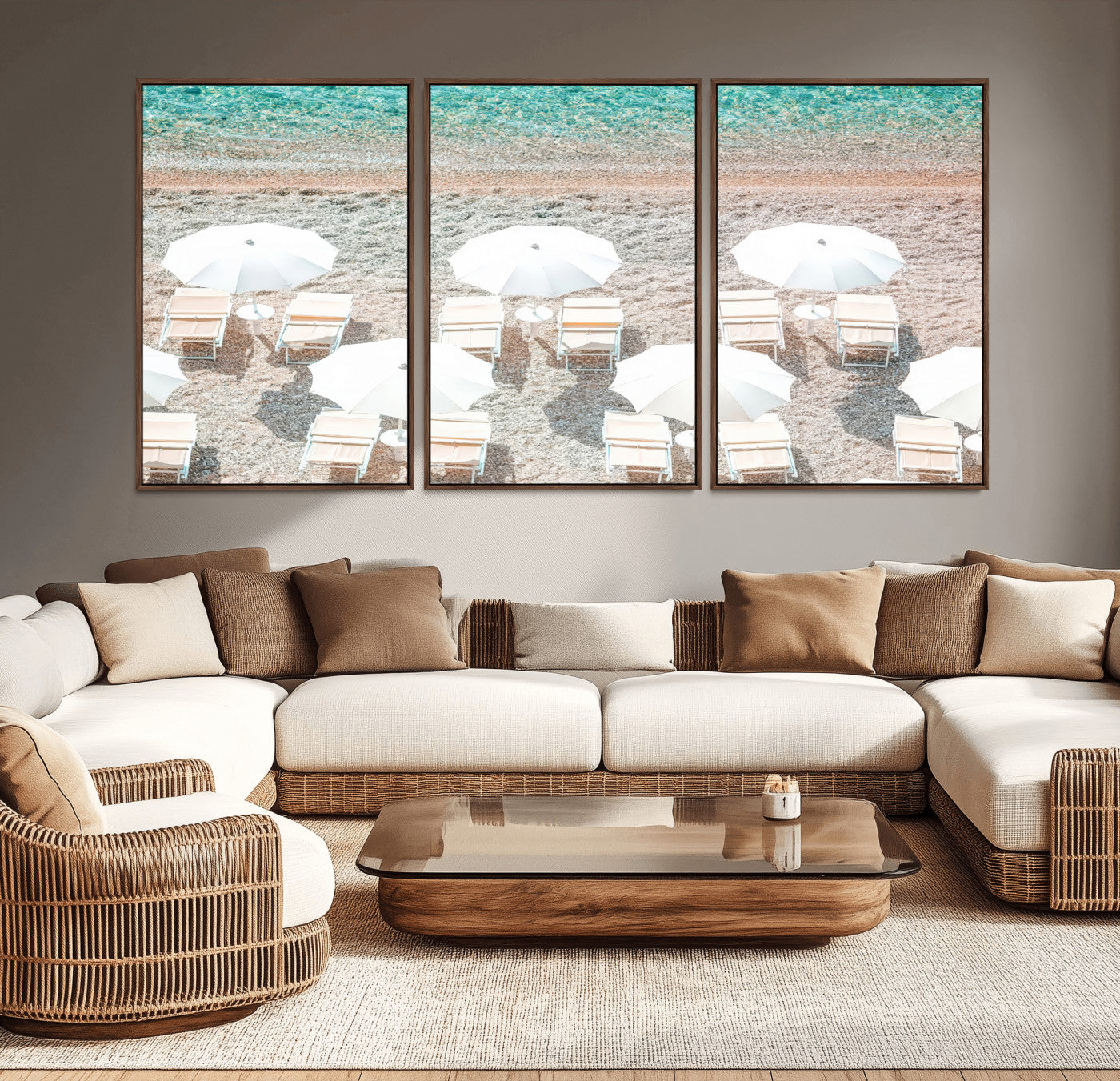 MGV-FC-60X30-3P - Calm Beach Wall Art Canvas Print, Framed Turquoise Water Art Picture Print, Umbrella Shoreline Perfect Coastal Minimalist Decor Artwork