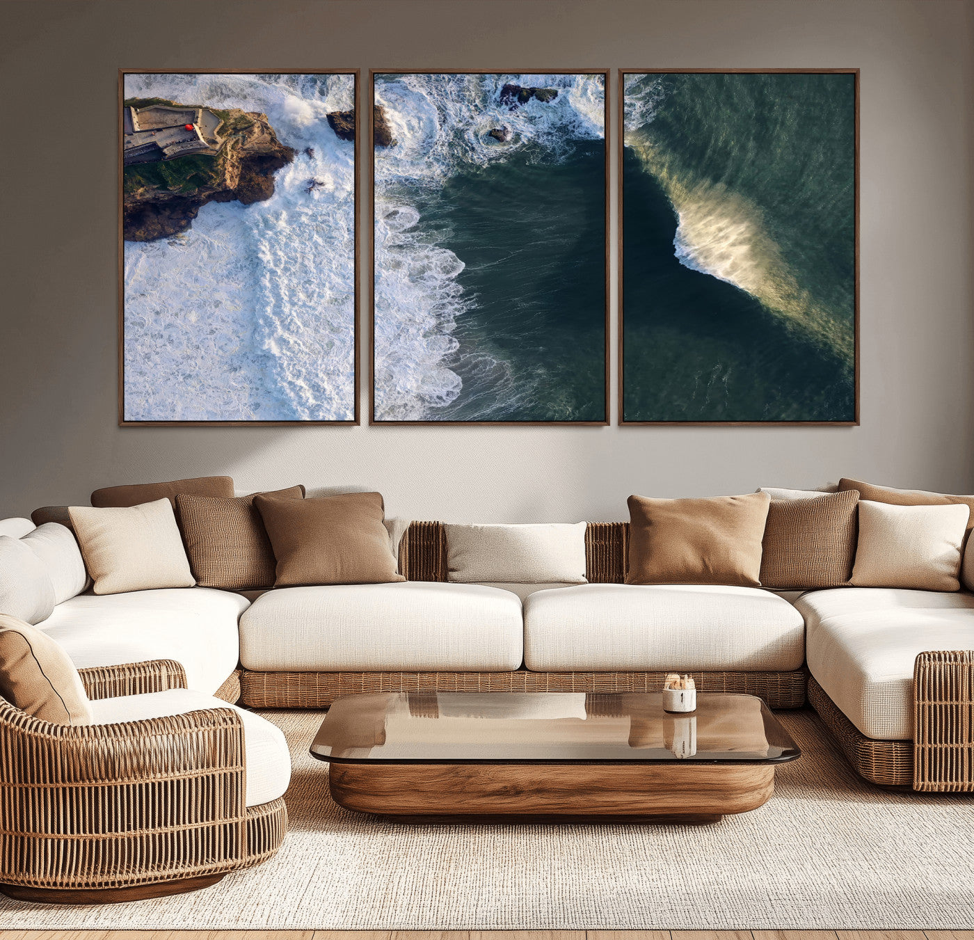 MGV-FC-60X30-3P - Nazaré Coast Wall Art Canvas Print, Framed Aerial Ocean Art Picture Print, Coastal Fortress Perfect Dramatic Coastal Decor Artwork