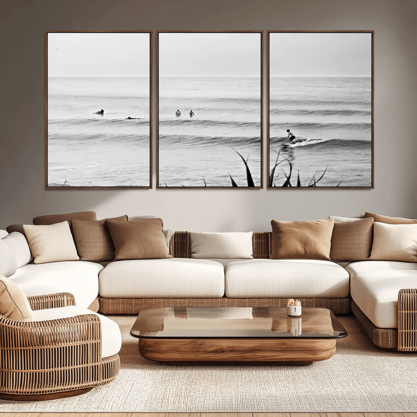 33821421-MGV-CV-36X24-Surfer Silhouette Wall Art – Framed Calm Ocean Canvas Artwork, Monochrome Minimal Design, Modern Coastal Decor for Home, Office
