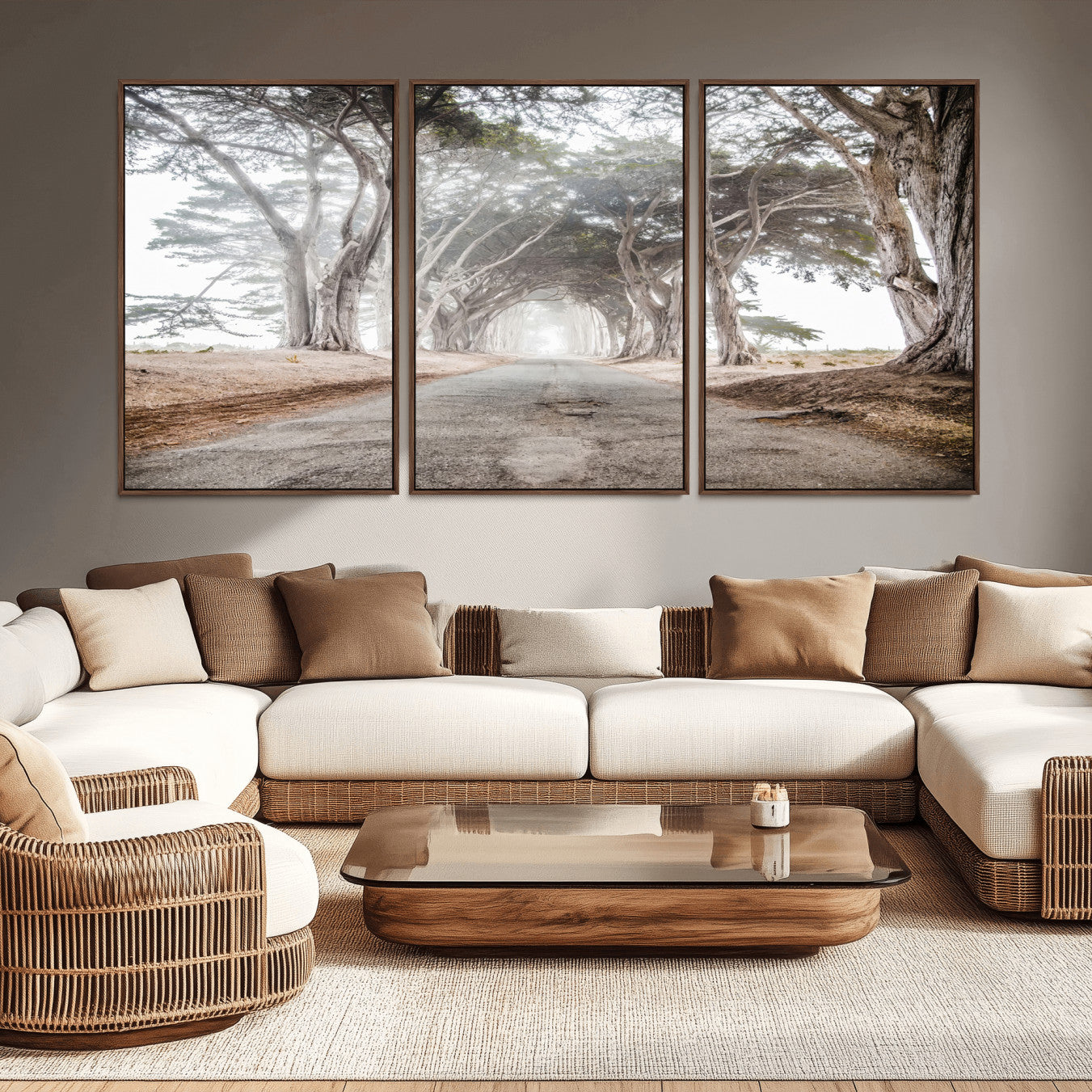 87090469-MGV-CV-36X24-Cypress Tunnel Wall Art – Framed Misty Road Canvas Artwork, Foggy Trees Design, Rustic Woodland Nature Decor for Home, Office