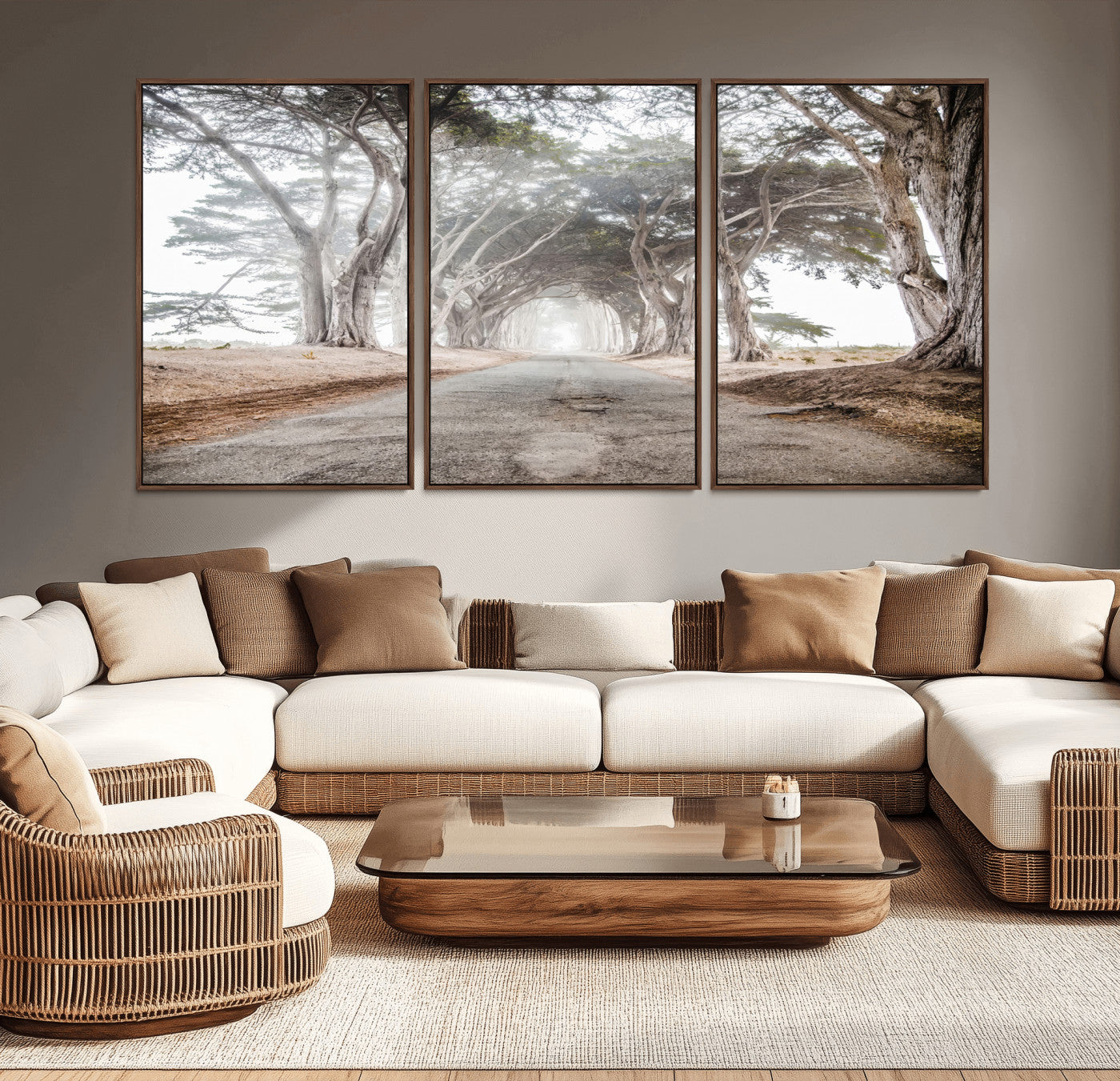 87090469-MGV-CV-36X24-Cypress Tunnel Wall Art – Framed Misty Road Canvas Artwork, Foggy Trees Design, Rustic Woodland Nature Decor for Home, Office