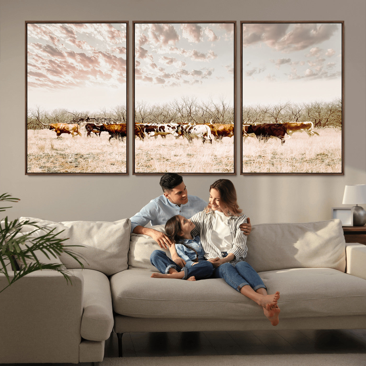 -Longhorn Cattle Wall Art Canvas Print, Framed Texas Ranch Art Picture Print, Western Cow Perfect