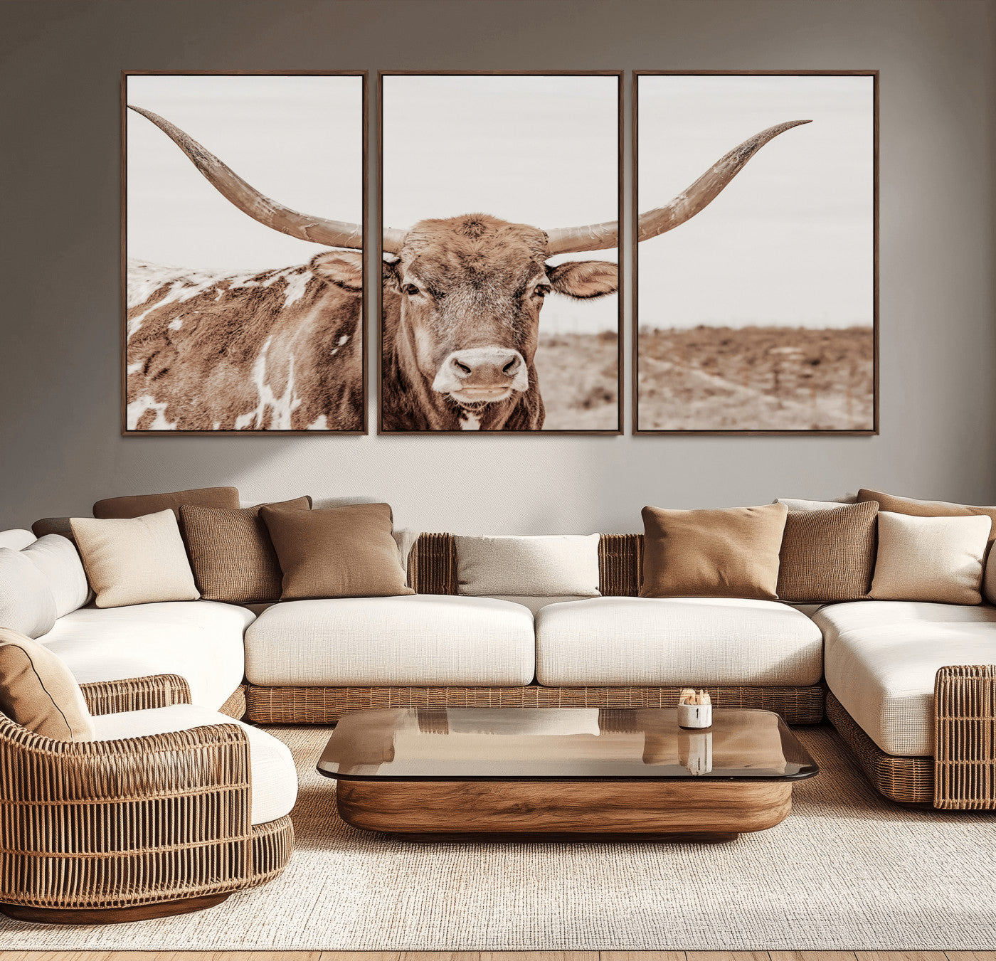 -Longhorn Cow Wall Art Canvas Print, Framed Texas Ranch Art Picture Print, Western Bull Perfect County Decor Artwork