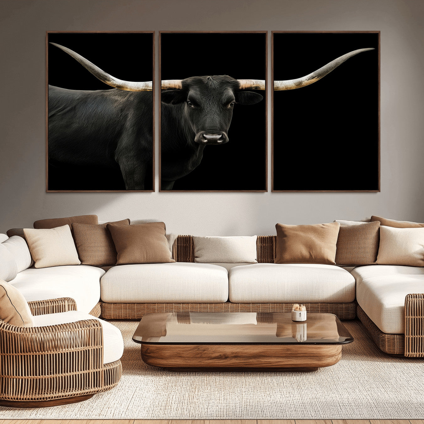 99448328-MGV-CV-36X24-Longhorn Cattle Wall Art Canvas Print – Framed Texas Ranch Scene with Western Cow Artwork for Home, Office, Living Room