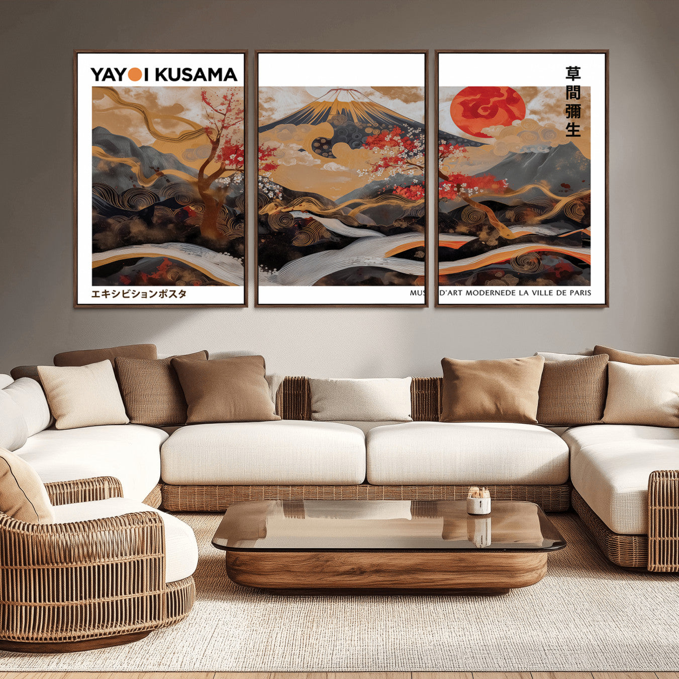 40959107-MGV-CV-36X24-Modern Japanese Wall Art Canvas Print – Framed Abstract Mount Fuji Scene Inspired Yayoi Kusama for Home, Office