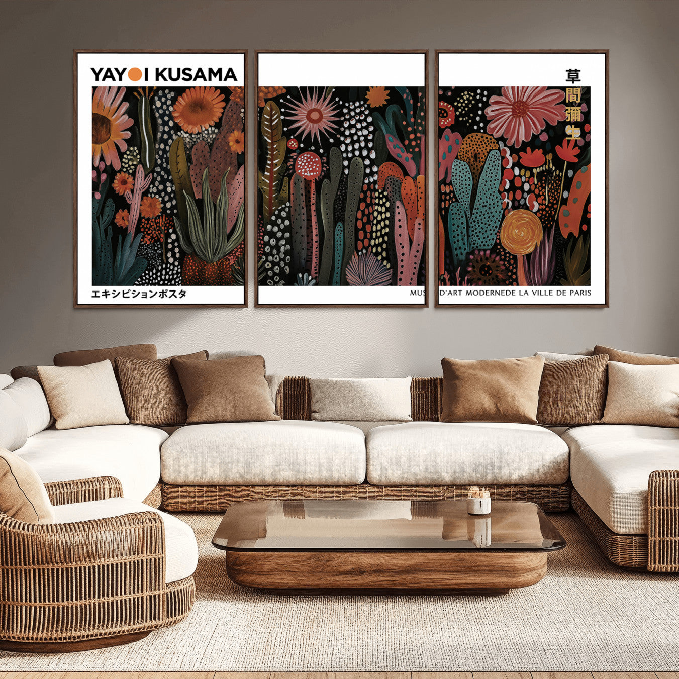 70632622-MGV-CV-36X24-Modern Japanese Wall Art Canvas Print – Framed Abstract Mount Fuji Scene with Yayoi Kusama Artwork for Home, Office