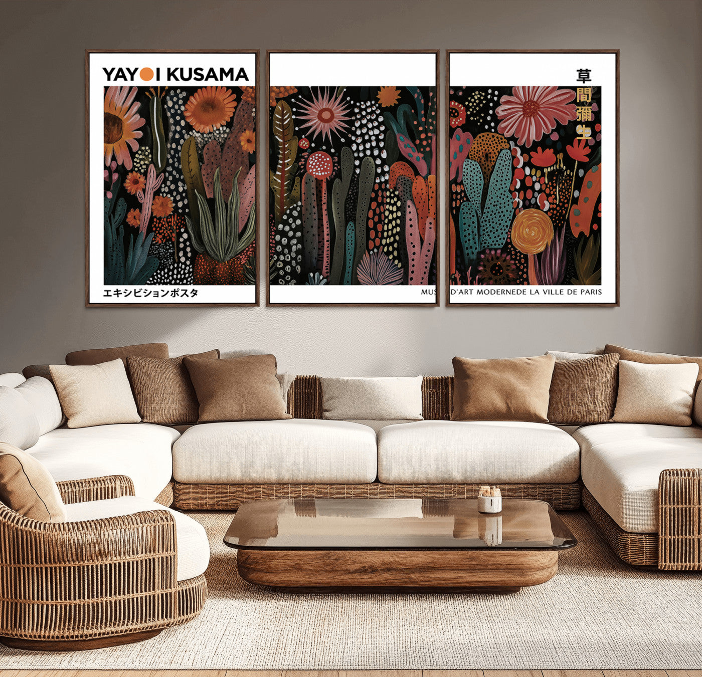 70632622-MGV-CV-36X24-Modern Japanese Wall Art Canvas Print – Framed Abstract Mount Fuji Scene with Yayoi Kusama Artwork for Home, Office