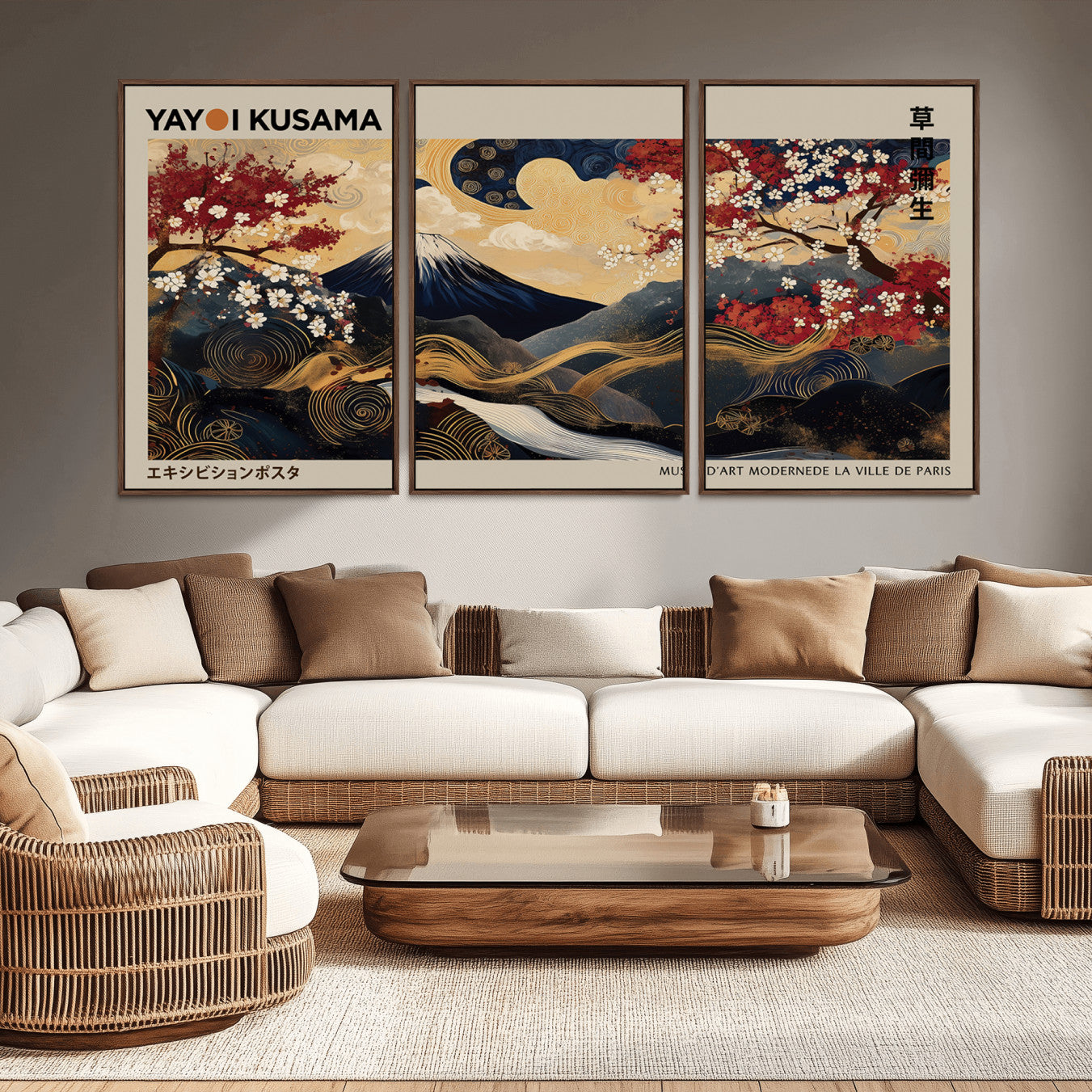 54967195-MGV-CV-36X24-Modern Japanese Wall Art Canvas Print – Framed Abstract Mount Fuji Scene with Yayoi Kusama Japanese Artwork for Home, Office