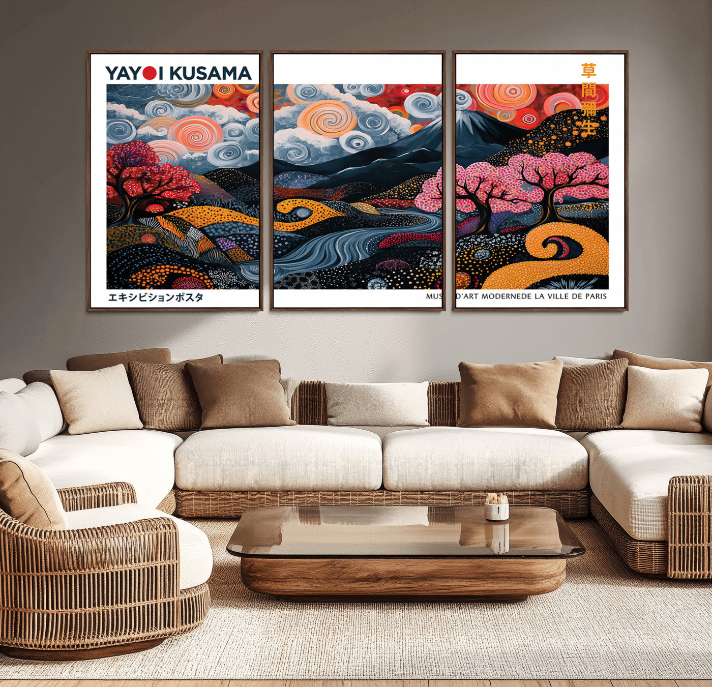 43879290-MGV-CV-36X24-Modern Japanese Wall Art Canvas Print – Framed Abstract Mount Fuji Scene with Yayoi Kusama Artwork for Home, Office