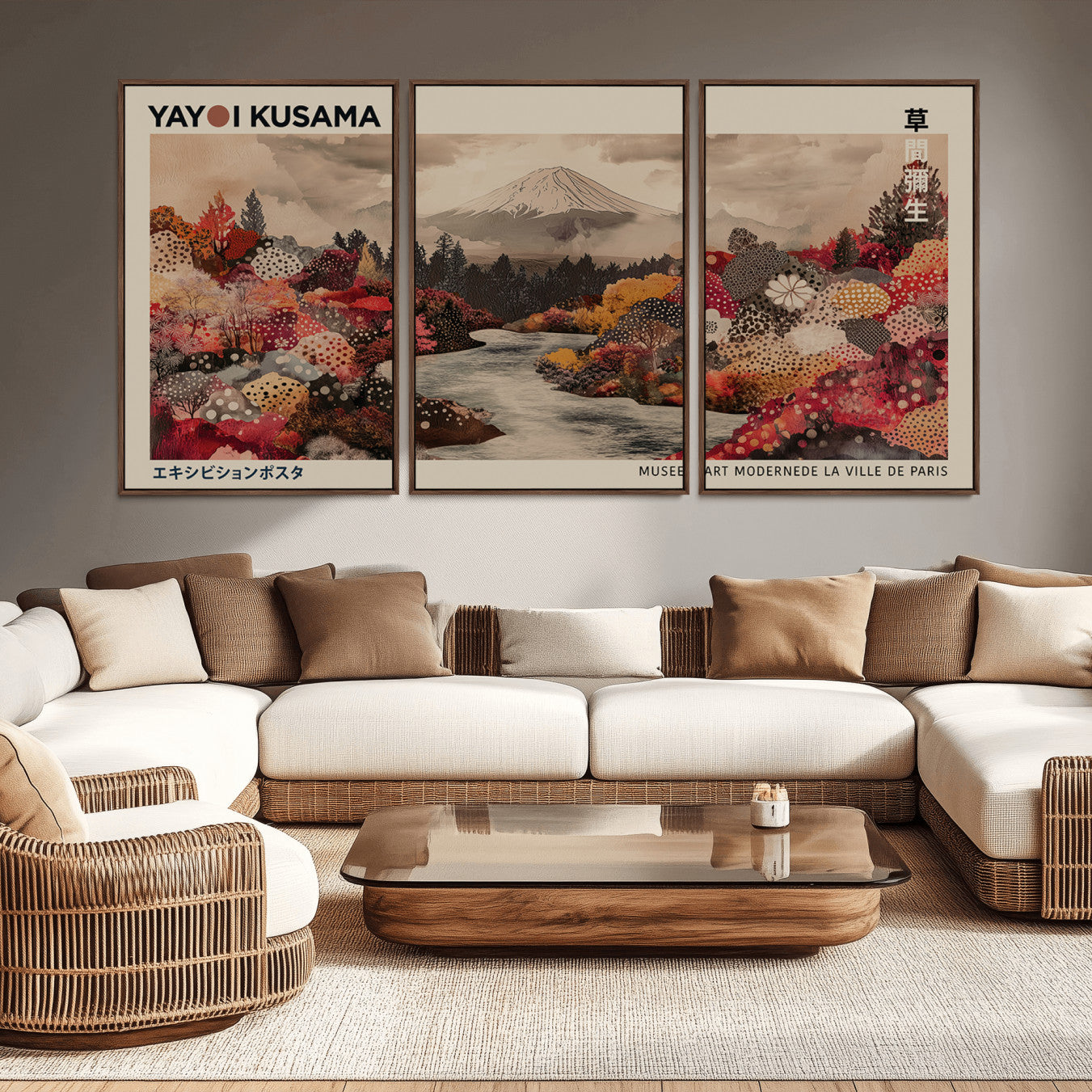 90660838-MGV-CV-36X24-Modern Japanese Wall Art Canvas Print – Framed Abstract Mount Fuji Scene with Yayoi Kusama Artwork for Home, Office