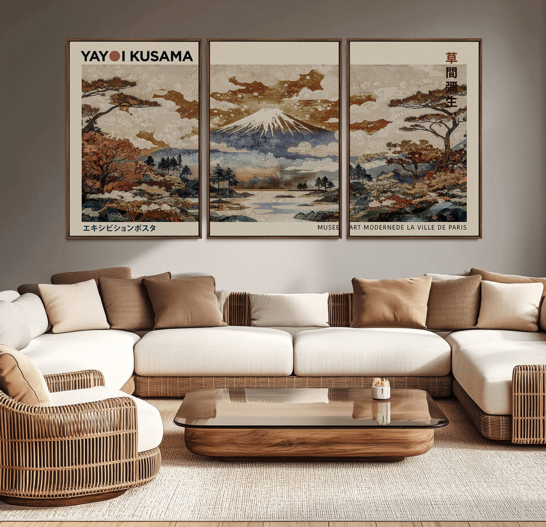 Yayoi Kusama Wall Art Canvas Print, Framed Modern Japanese Abstract Mount Fuji Landscape Art