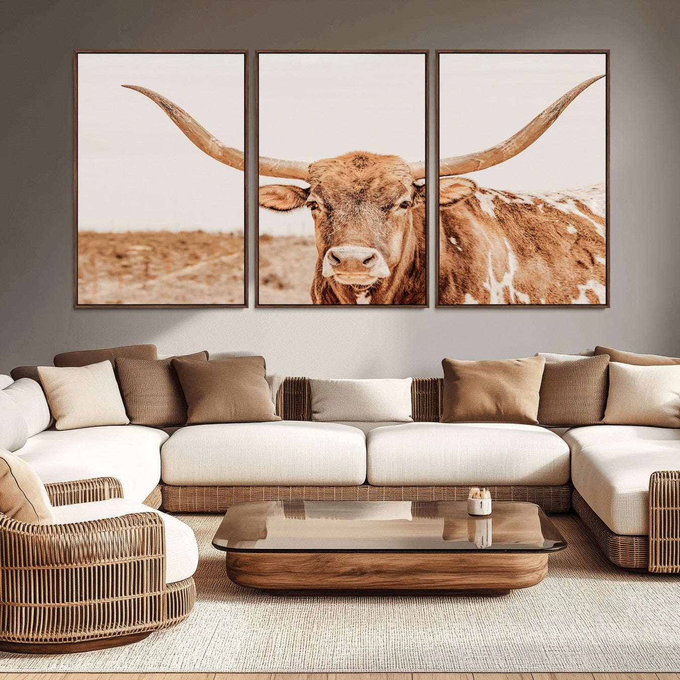 -Longhorn Bull Wall Art Canvas Print, Framed Western Cow Art Picture Print, Rustic Farmhouse Perfect Neutral Farmhouse Decor Artwork