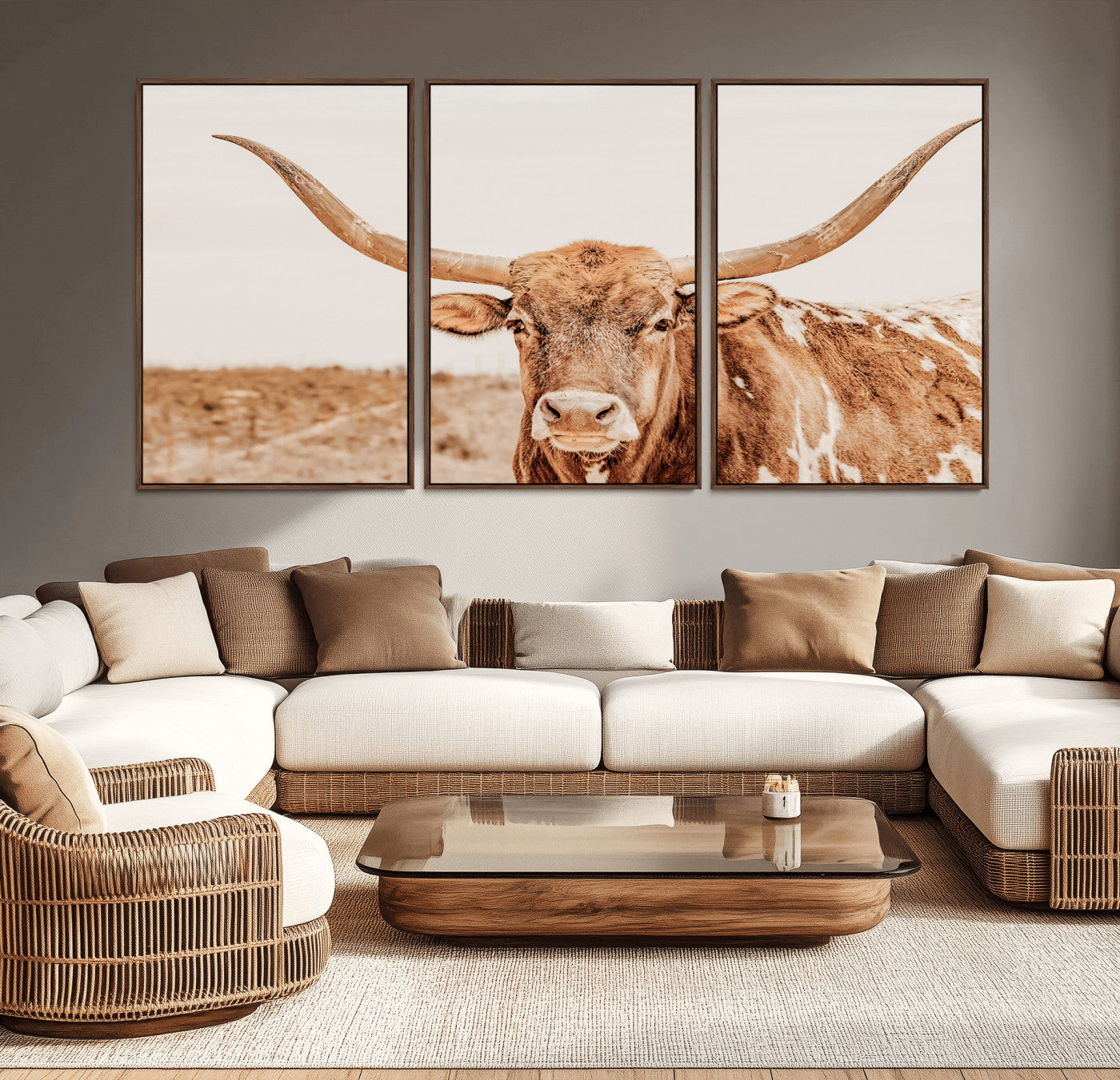 74406977-MGV-CV-36X24-Longhorn Bull Wall Art Canvas Print – Framed Western Cow Rustic Farmhouse Neutral Country Animal Artwork for Home Office
