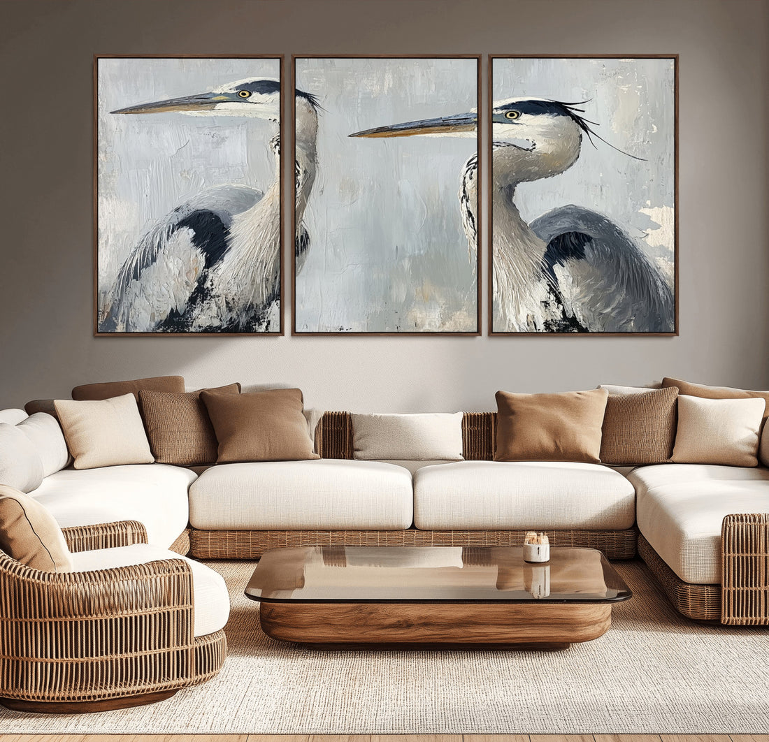 Blue Heron Wall Art Canvas Print, Framed Coastal Bird Pair Minimalist Wildlife Artwork